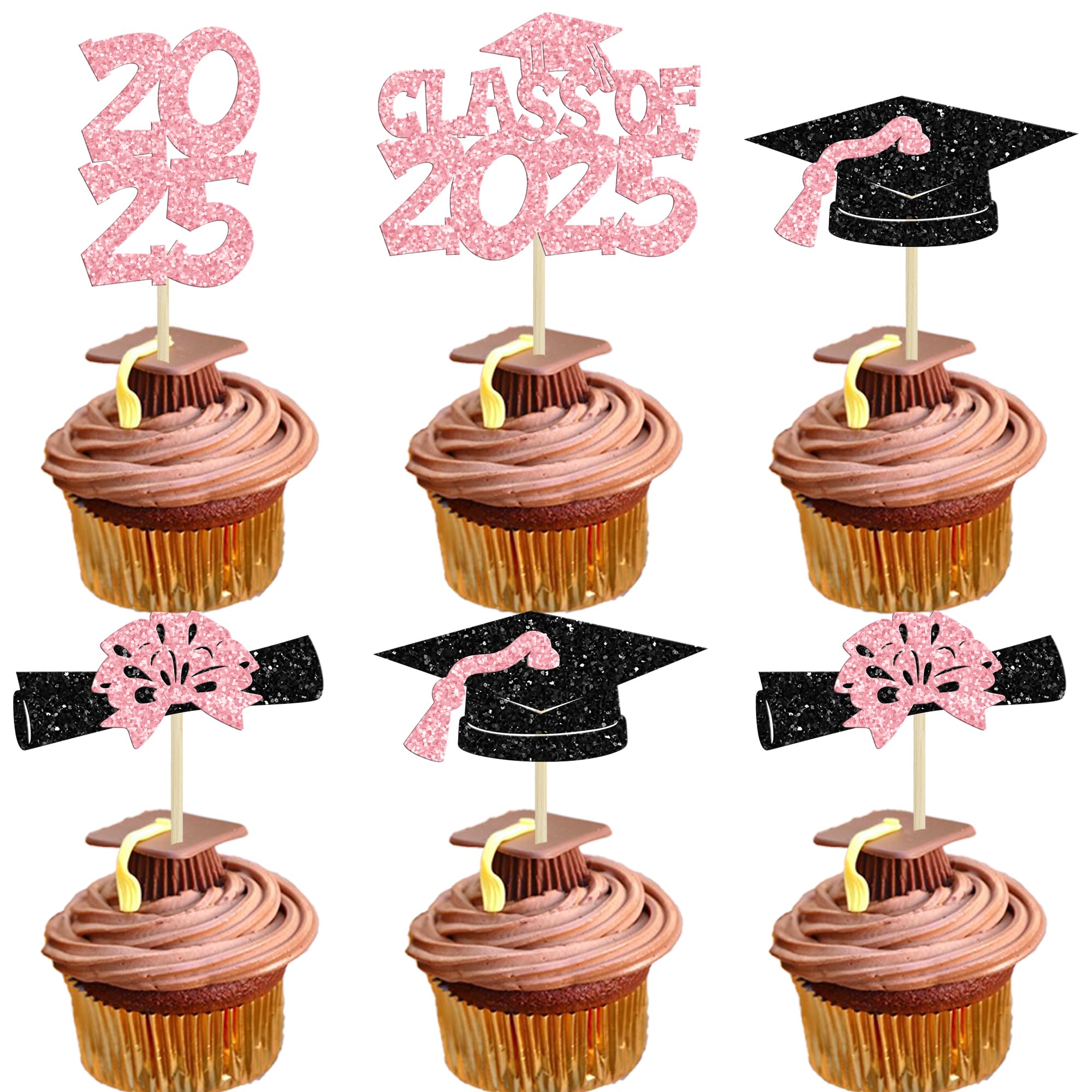 Ephlyn 36Pcs 2025 Graduation Theme Cupcake Toppers Glitter Class of 2025 Congrats Grad Diploma Graduation Cap Cupcake Picks for 2025 Graduation Theme Party Cake Decorations Supplies Pink