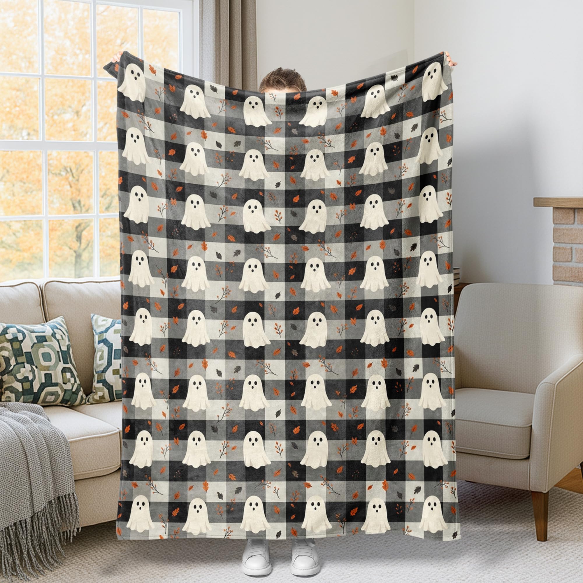 Jeté de lit en fourrure noire fantôme pour Halloween, grand plaid de canapé 152x203 cm