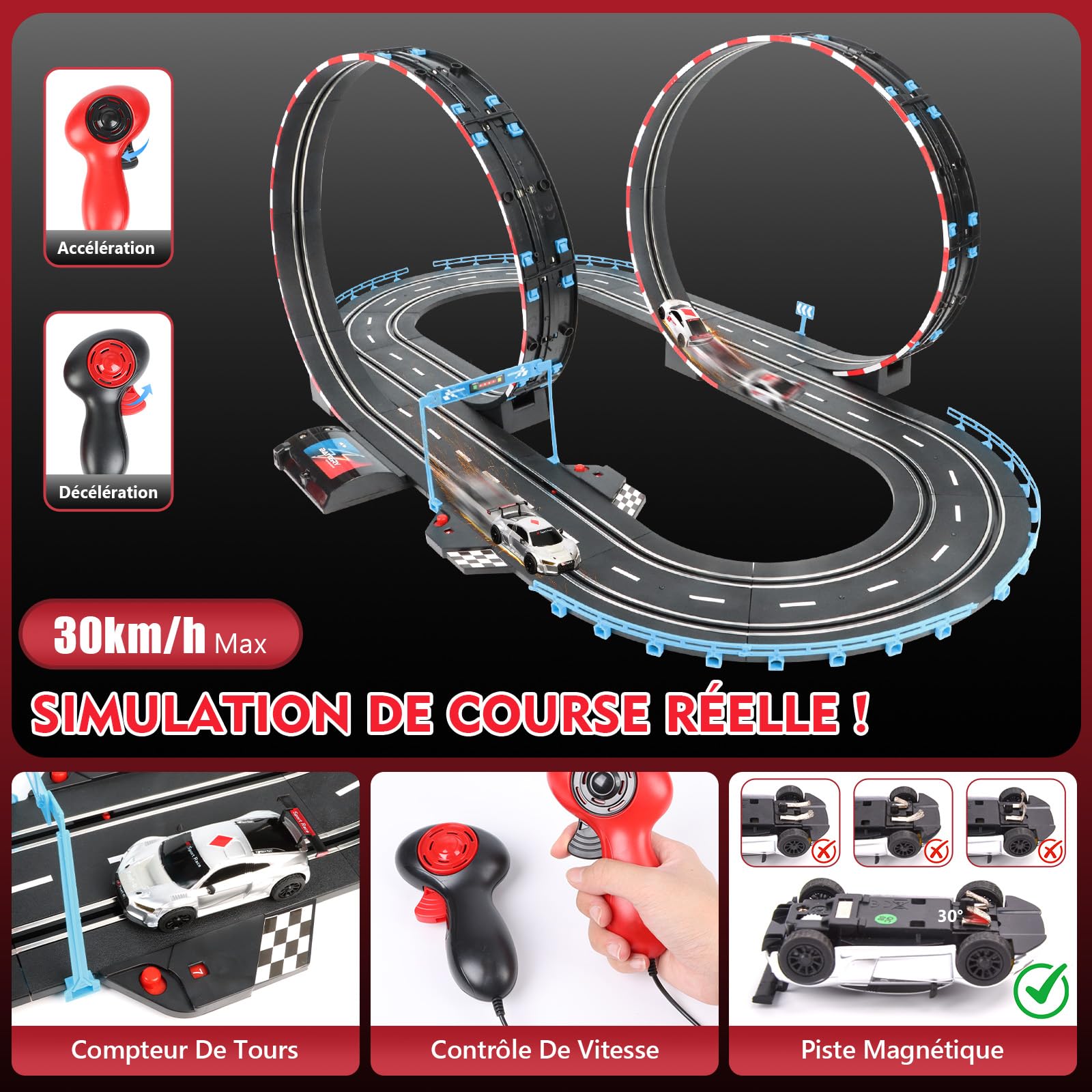 Charmofun Circuit Voiture Electrique pour Enfants, 2 Slot Cars Racing Échelle 1:43 Circuit de Course Electrique avec Voitures et Accessoires 6 7 8 9 12 Jahren