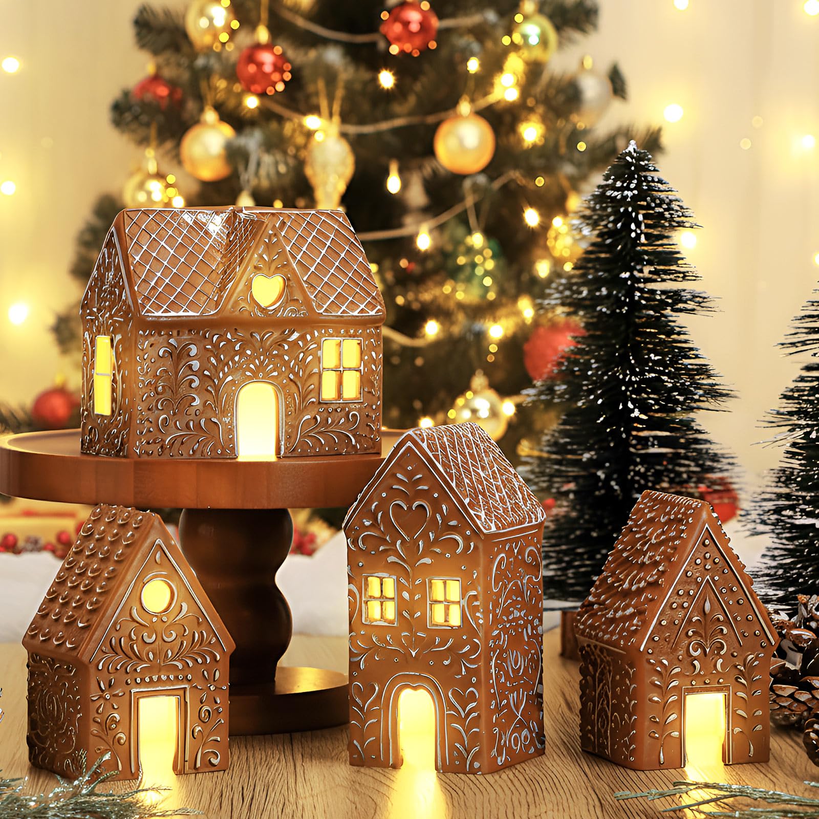 Casas de jengibre navideñas que no se rompen figuras de resina rústica con luces LED 4 uds