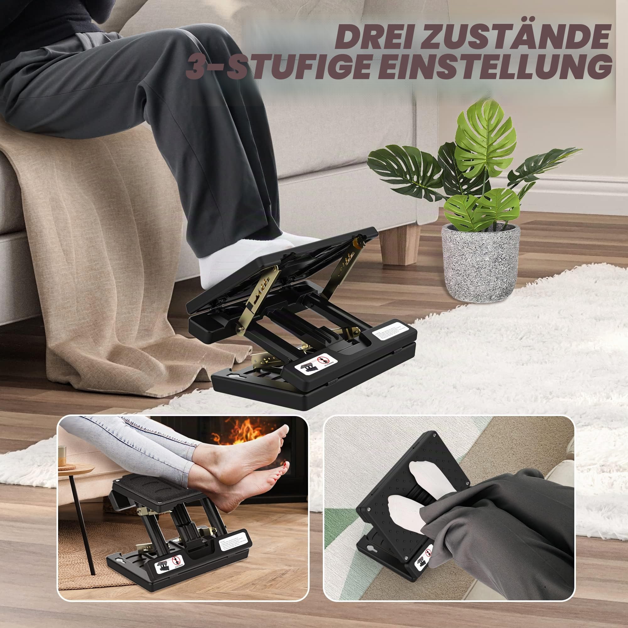 Fußstütze Pro | Massagerolle & Perlen | für Auto, Untertisch, Zuhause, Zug, flexible Höhenverstellung | (schwarz)
