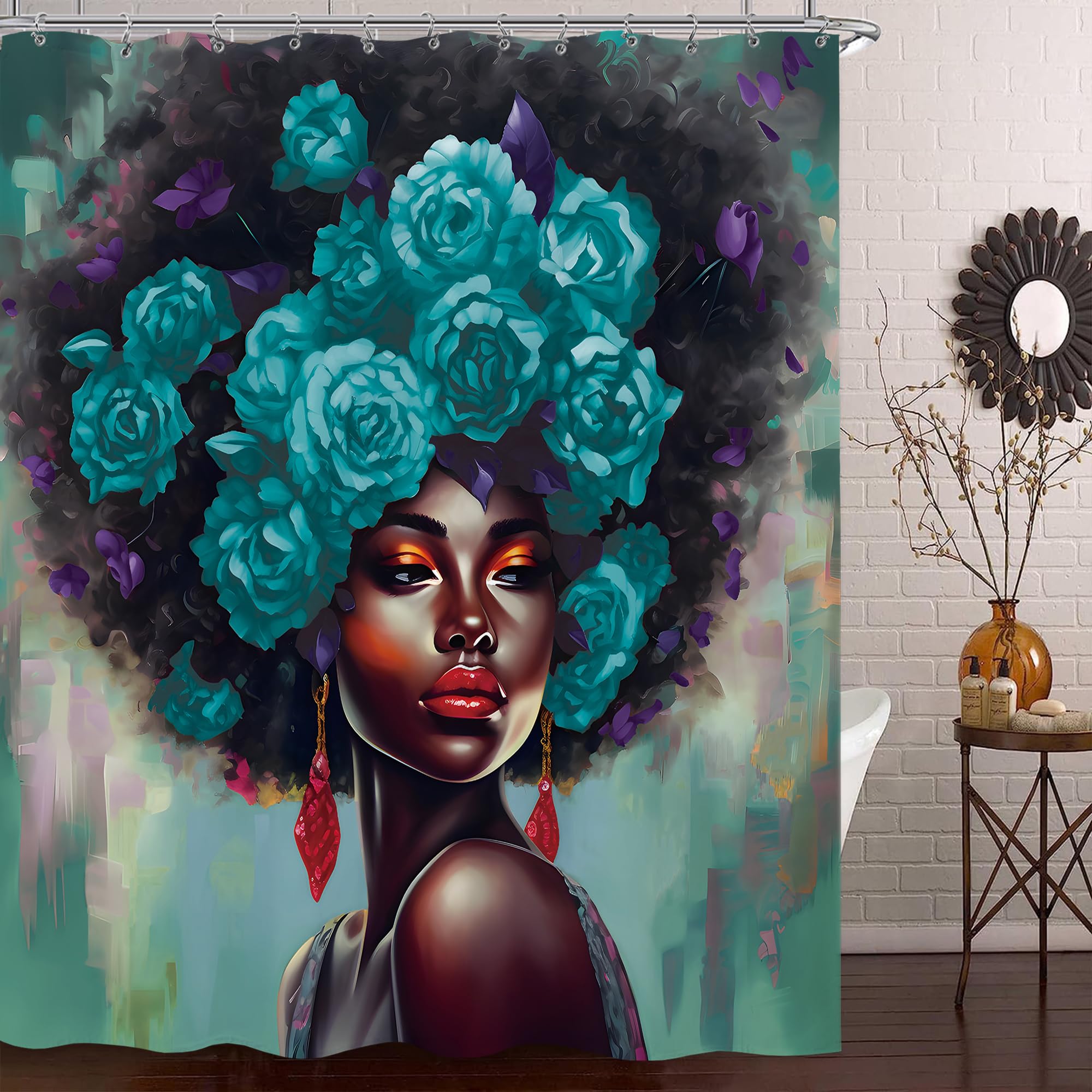 Duschvorhang 'Black Girl' – Afroamerikanisches Design, Wasserdicht, 183x183 Cm, Mit 12 Haken