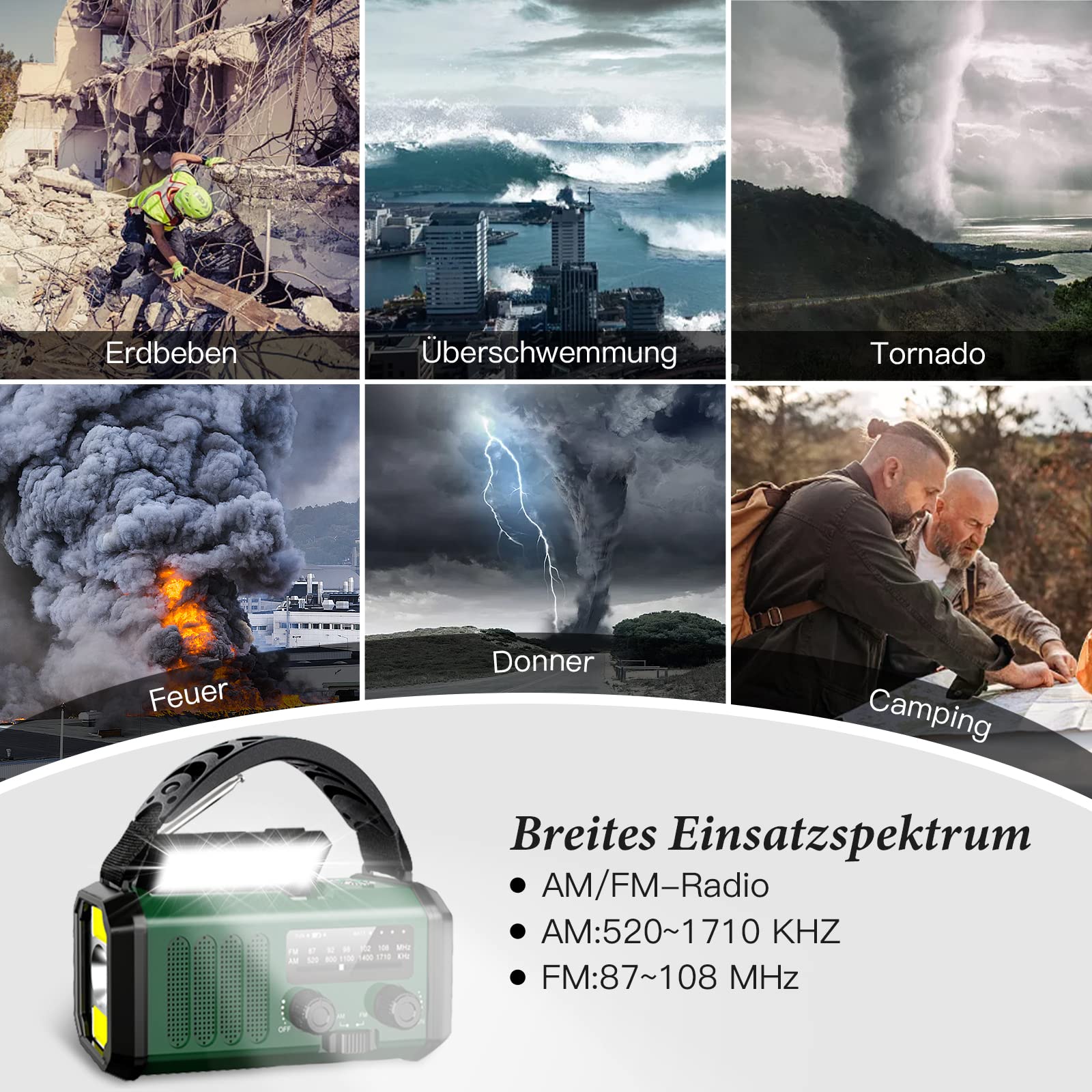 Radio a manovella, 10000 mAh, con manovella di emergenza, FM/AM portatile, radio di emergenza Dynamo Radio ricaricabile con funzione di ricarica del cellulare, torcia a LED, lampada da lettura