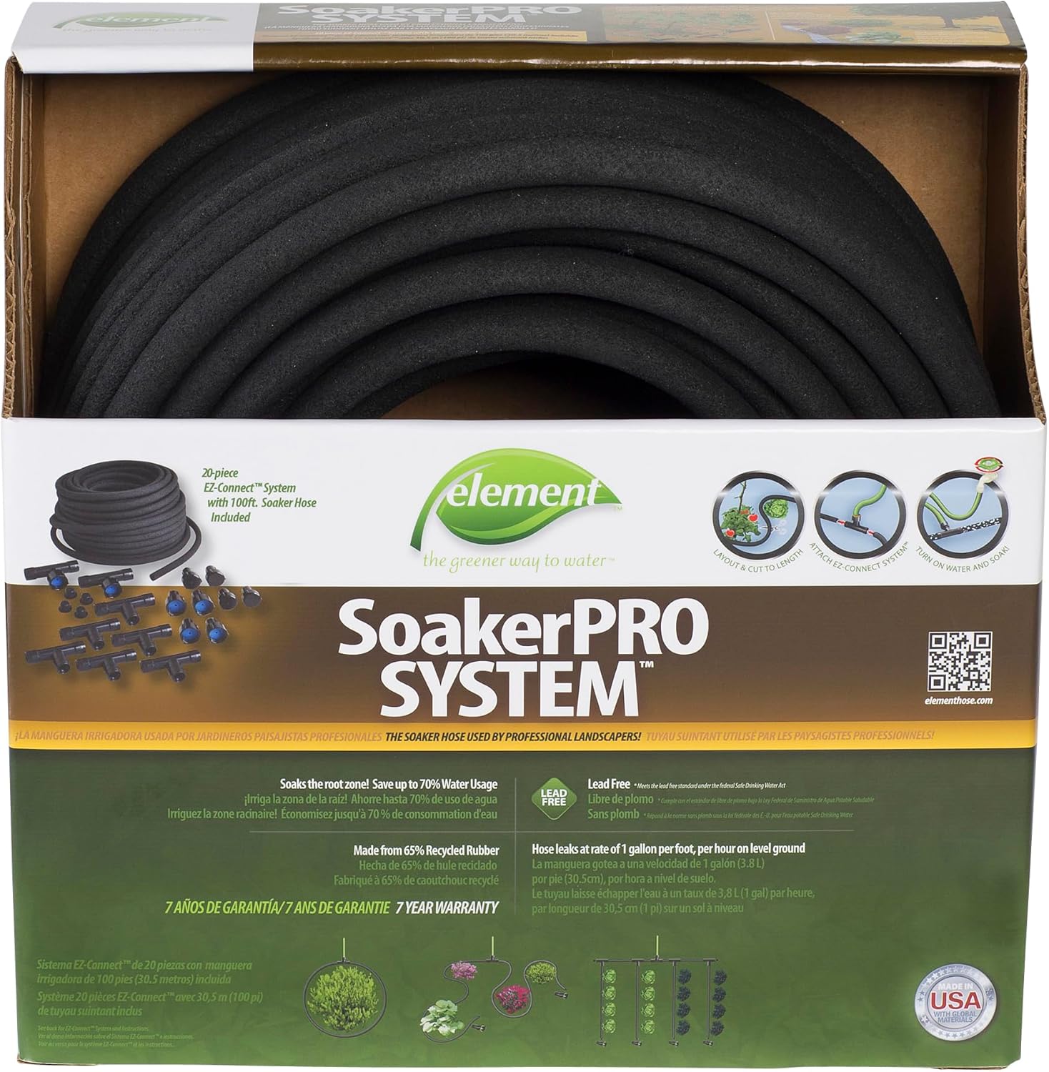Element SoakerPRO System Soaker Hose Kit, 100’ Length, 3/8" Diameter, 20 EZ-Connect System Connectors, Black