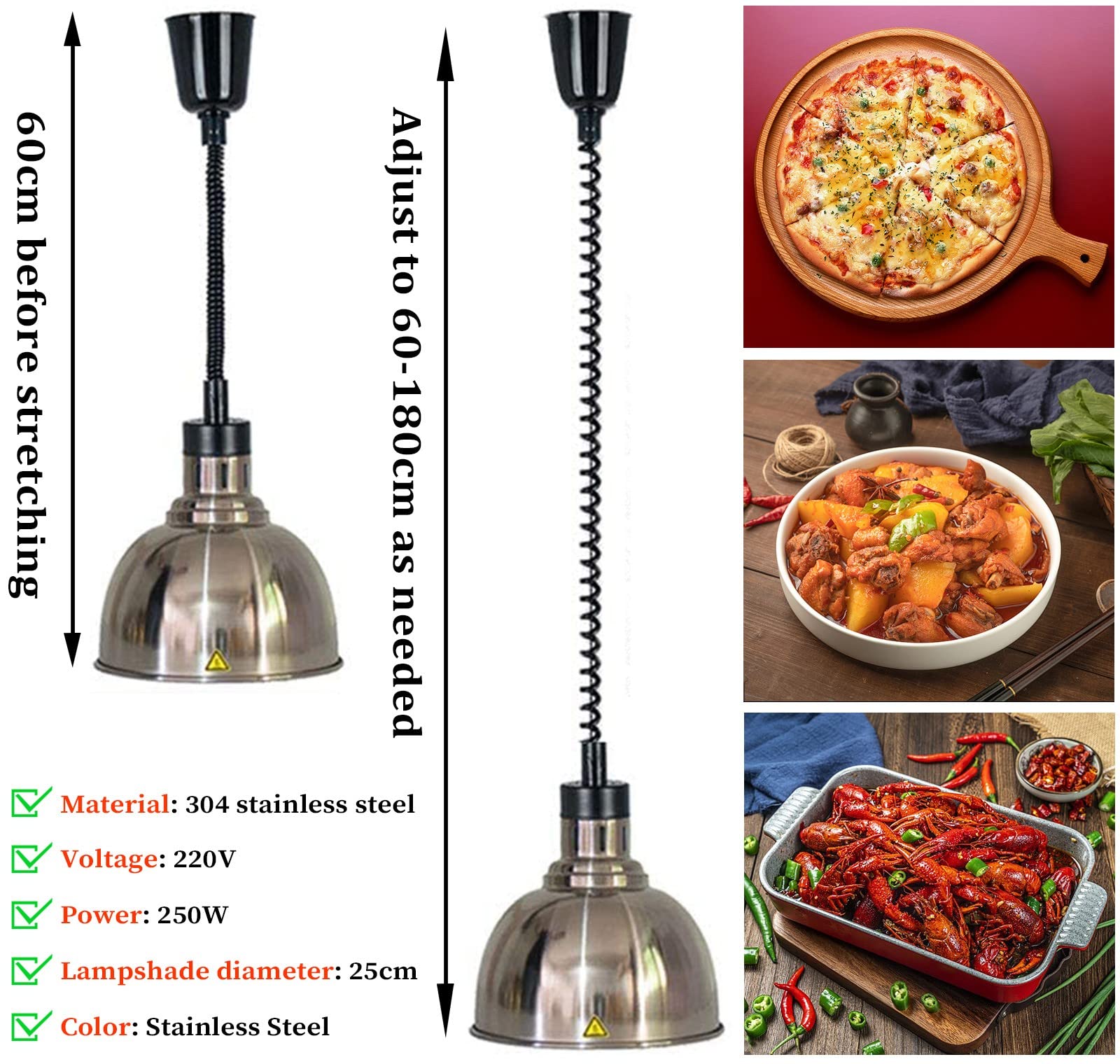 Scaldavivande da buffet in acciaio inox con lunghezza del cavo regolabile, attrezzatura per riscaldamento da cucina commerciale per uso professionale, include 3 lampadine a infrarossi a prova di