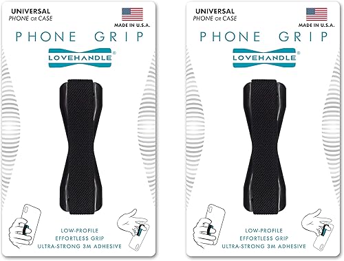 LOVEHANDLE Agarre universal para la mayoría de teléfonos inteligentes, mini tabletas y fundas, correa elástica negra con base negra, paquete de 2,