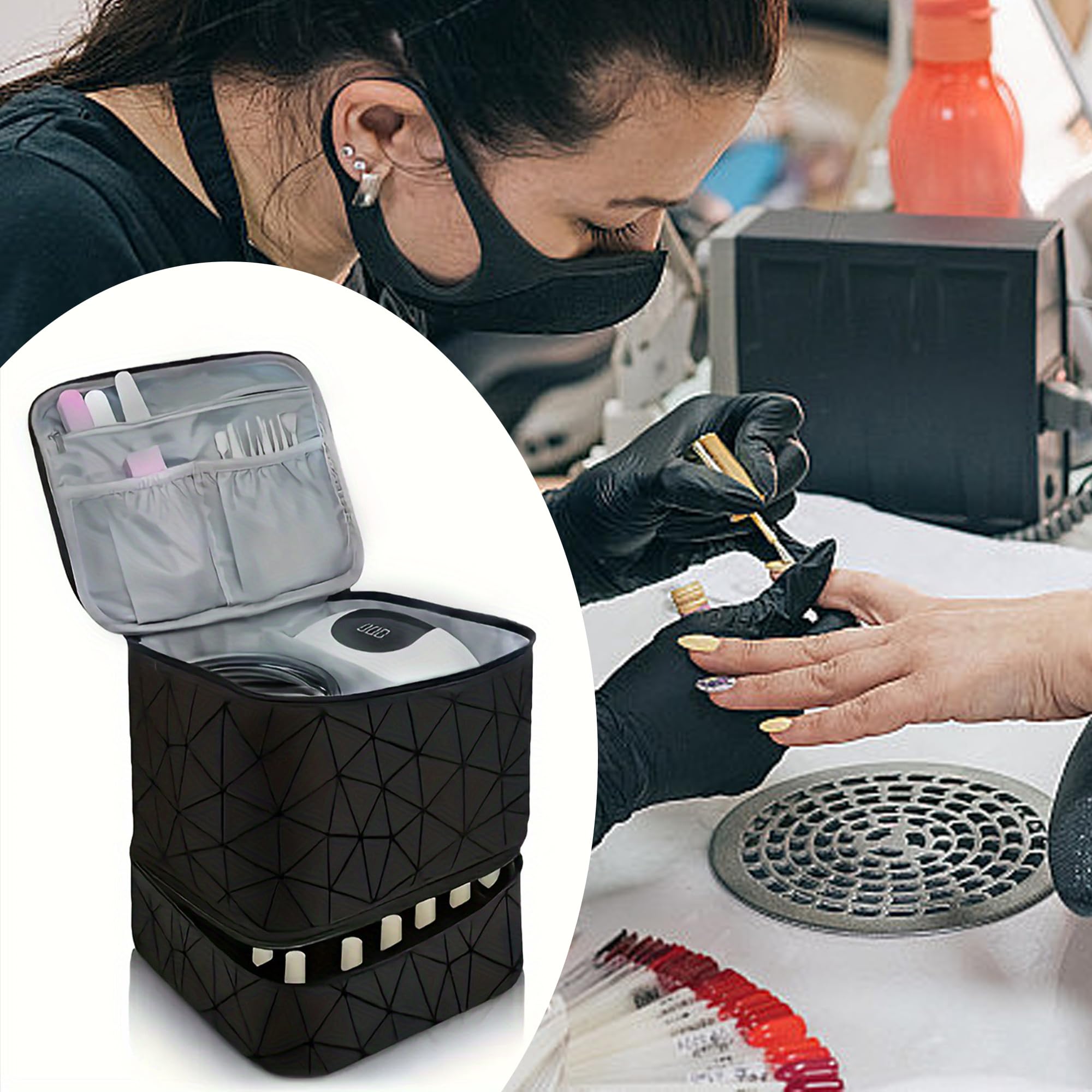 Organizador de esmalte de uñas de doble capa, rejilla de diamante negro, funda de transporte de esmalte de uñas, bolsa organizadora de maquillaje, bolsa de viaje de doble capa, bolsas de