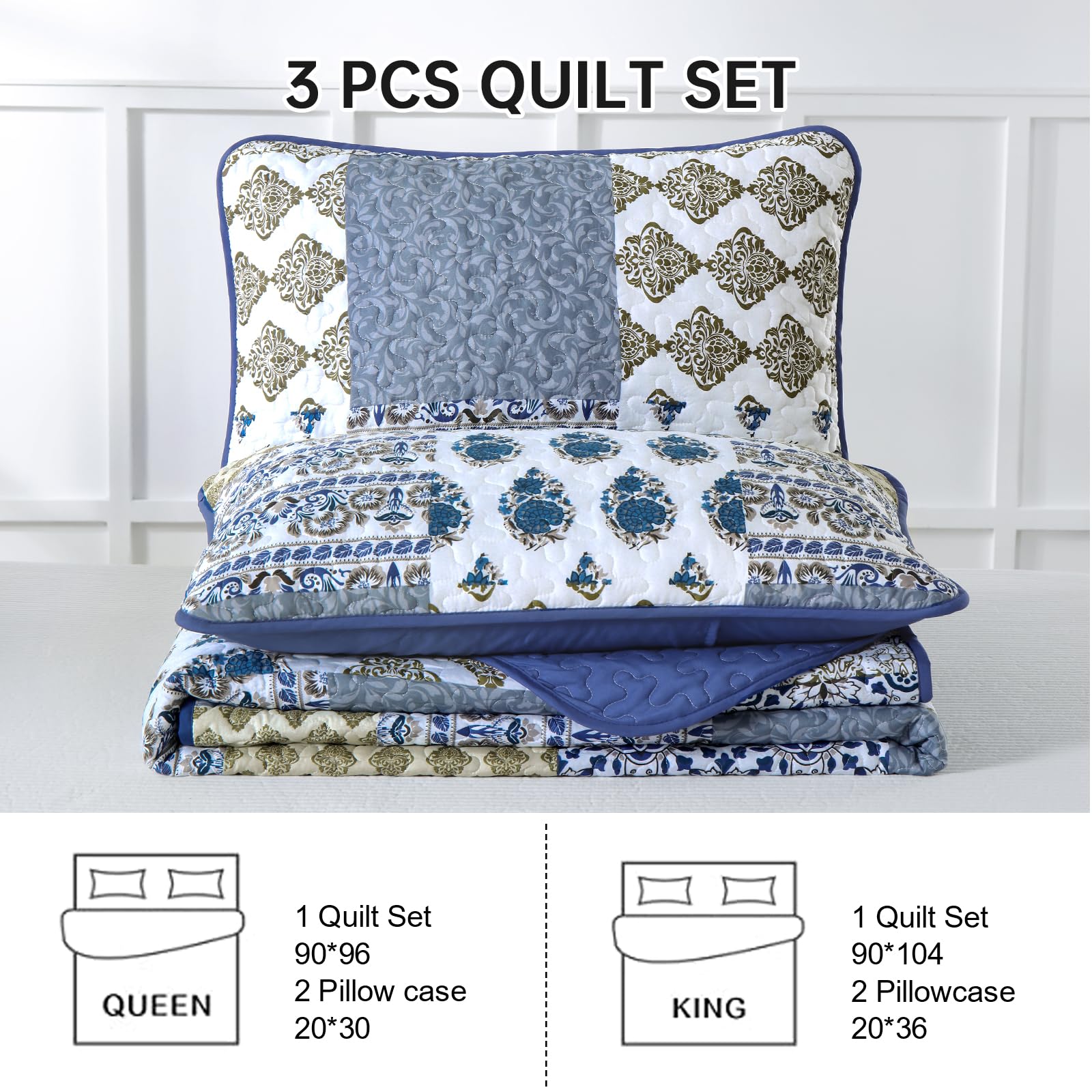 Mybedsoul Niebieska kołdra, rozmiar queen-size, 3-częściowy zestaw pościeli w stylu boho, w kratę, kolor Aqua Blue kwiatowy, mikrofibra, lekki zestaw pościeli bohema, na cały sezon (1 kołdra + 2