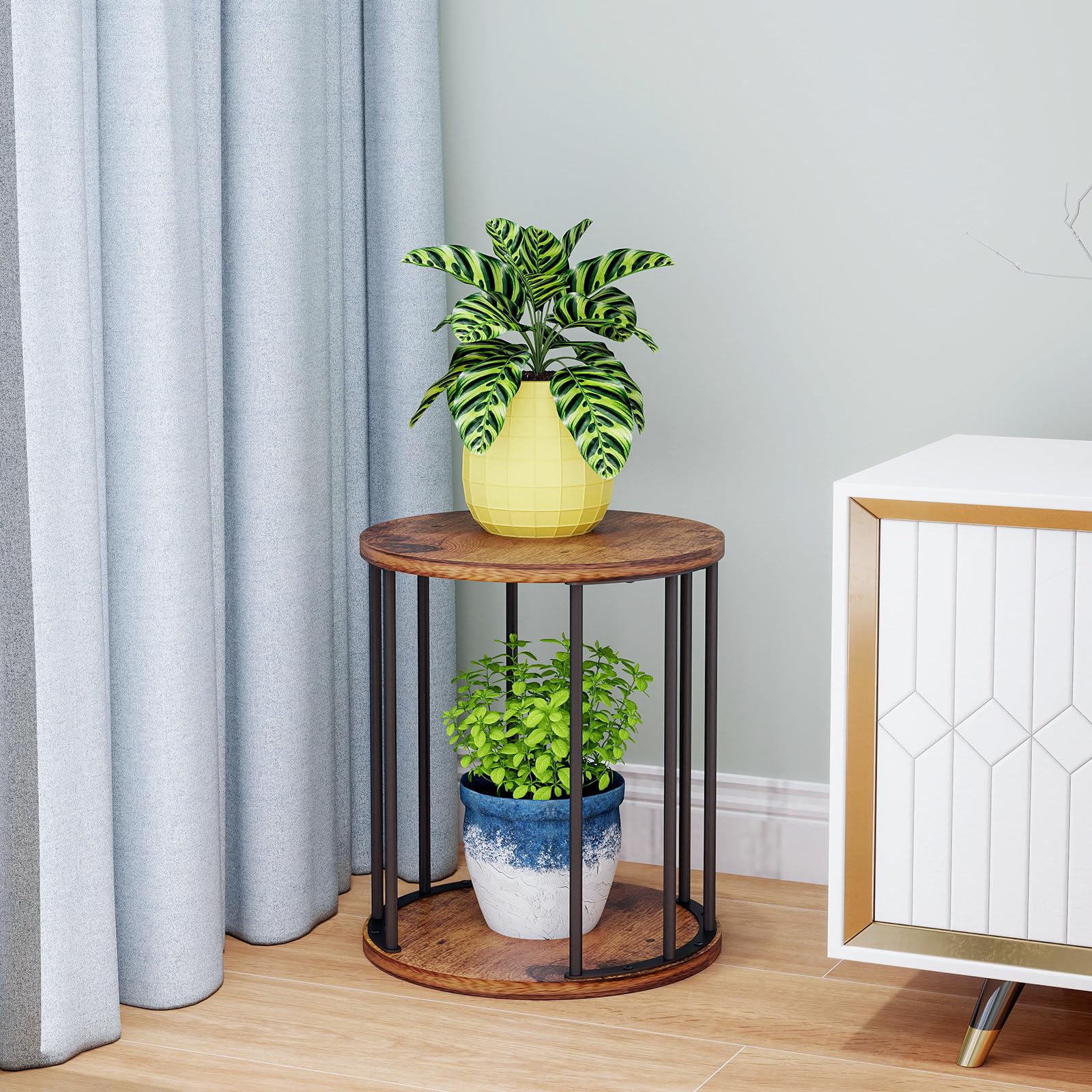 HDANI 3er-Set Rund Pflanzenständer Metall 35/45/55cm,Solider und Robuster Blumenständer für Wohnzimmer, Garten,Balkon, Blumenhocker Holzfür,Vintagebraun-Schwarz