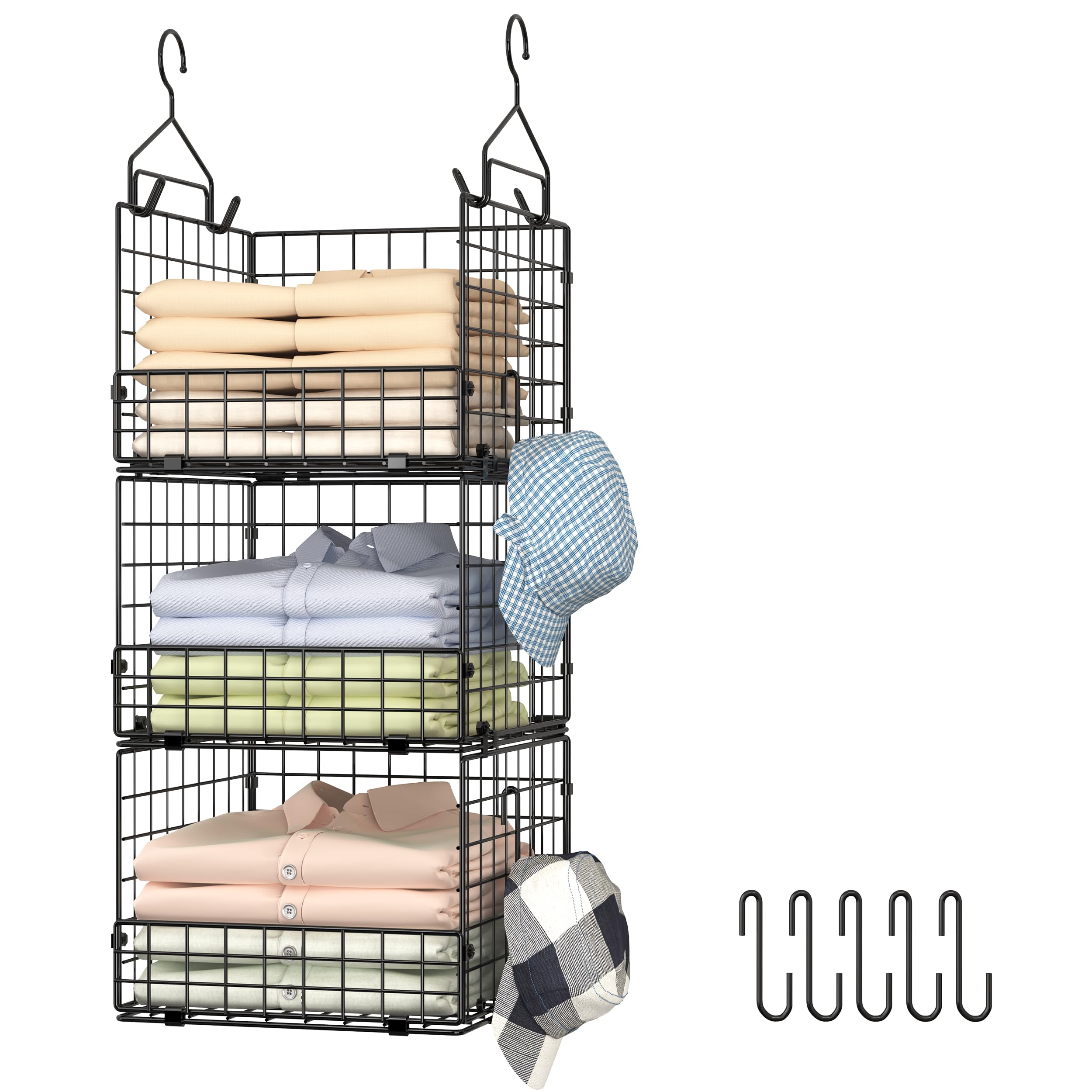 Sonyabecca 3-Tier Hanging Closet Organizer, Foldable Cabinet Wire Storage Basket Bins with 5 S Hooks, Closet Shelves & Hanging Closet Shelf for Clothing, Sweaters, Handbags, Hats