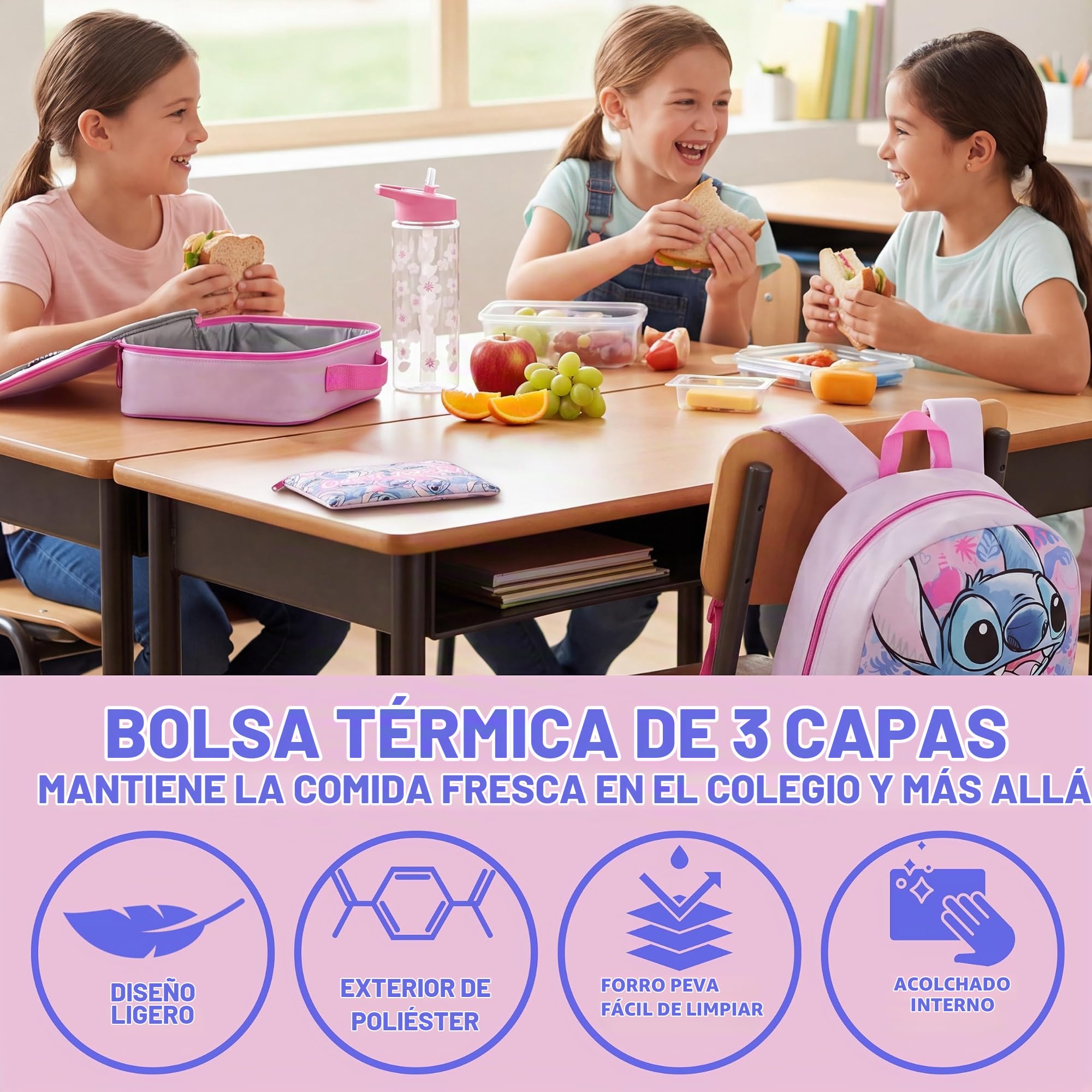 Get Trend Disney Stitch Grande Mochila Escolar Niña Set 4 Piezas, 46 cm Mochila Infantil con Botella Agua 500 ml, Estuche Escolar y Bolsa Termica Porta Alimentos para Colegio (Multi Stitch)
