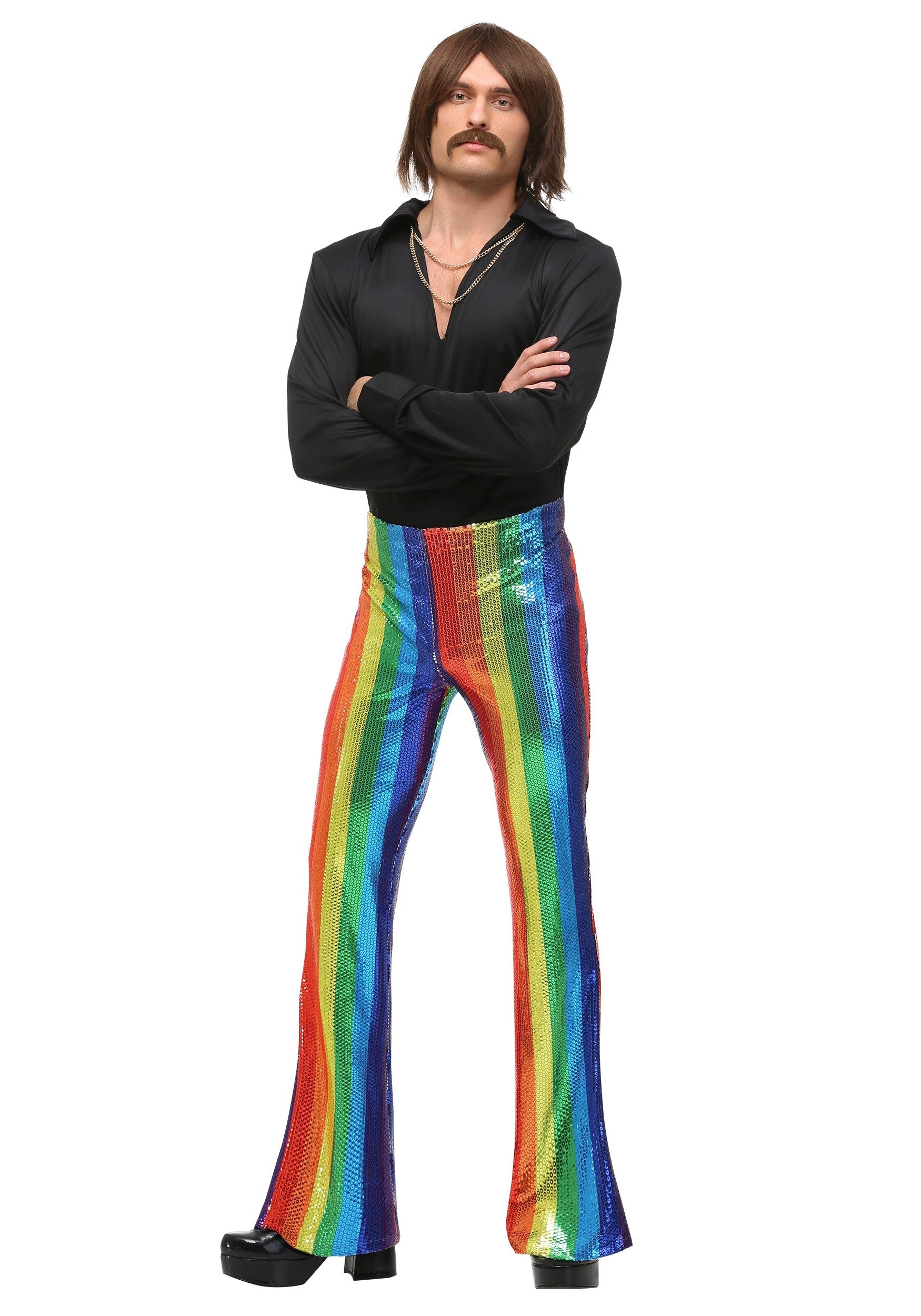 Mens Disco King Costume Rainbow Sequin Bell Bottom Pants 70s - Main Image