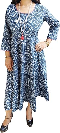 Women’s Maxi Dresses Blue Tribal Printed Cotton Fit Flare Boho Dress M