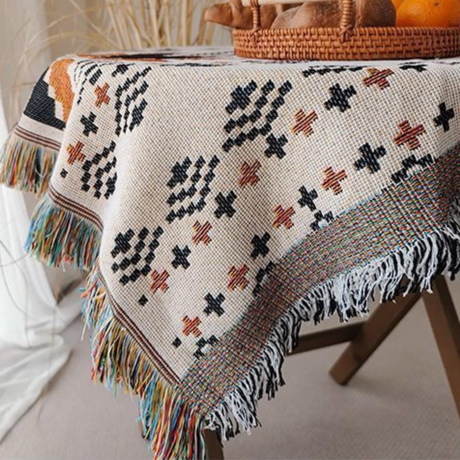 Nappe rectangulaire à Motif Feuilles d'automne avec Pompons, en Polyester-Coton, Lavable et Anti-poussière, idéale pour Les fêtes de Thanksgiving et Le Quotidien. Décoration intérieure, 90 x