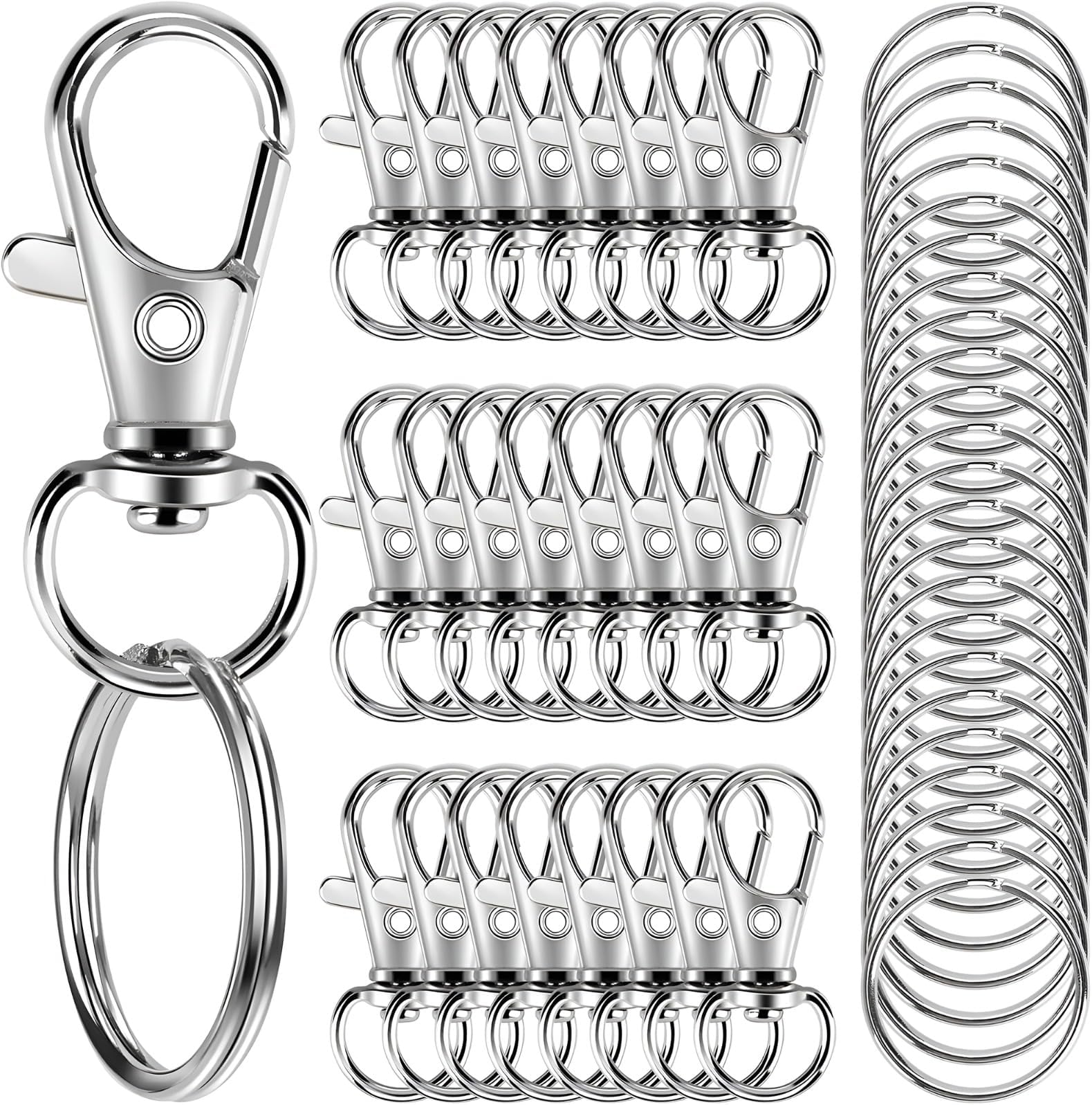 100Pcs Swivel Lobster Clasps & Key Ring Hoops with Plastic Box,50Pcs Metal Clips and 50Pcs Keyring Key Chain Hooks with Split Rings for Jewellery Making Hanging Crafts,Silver