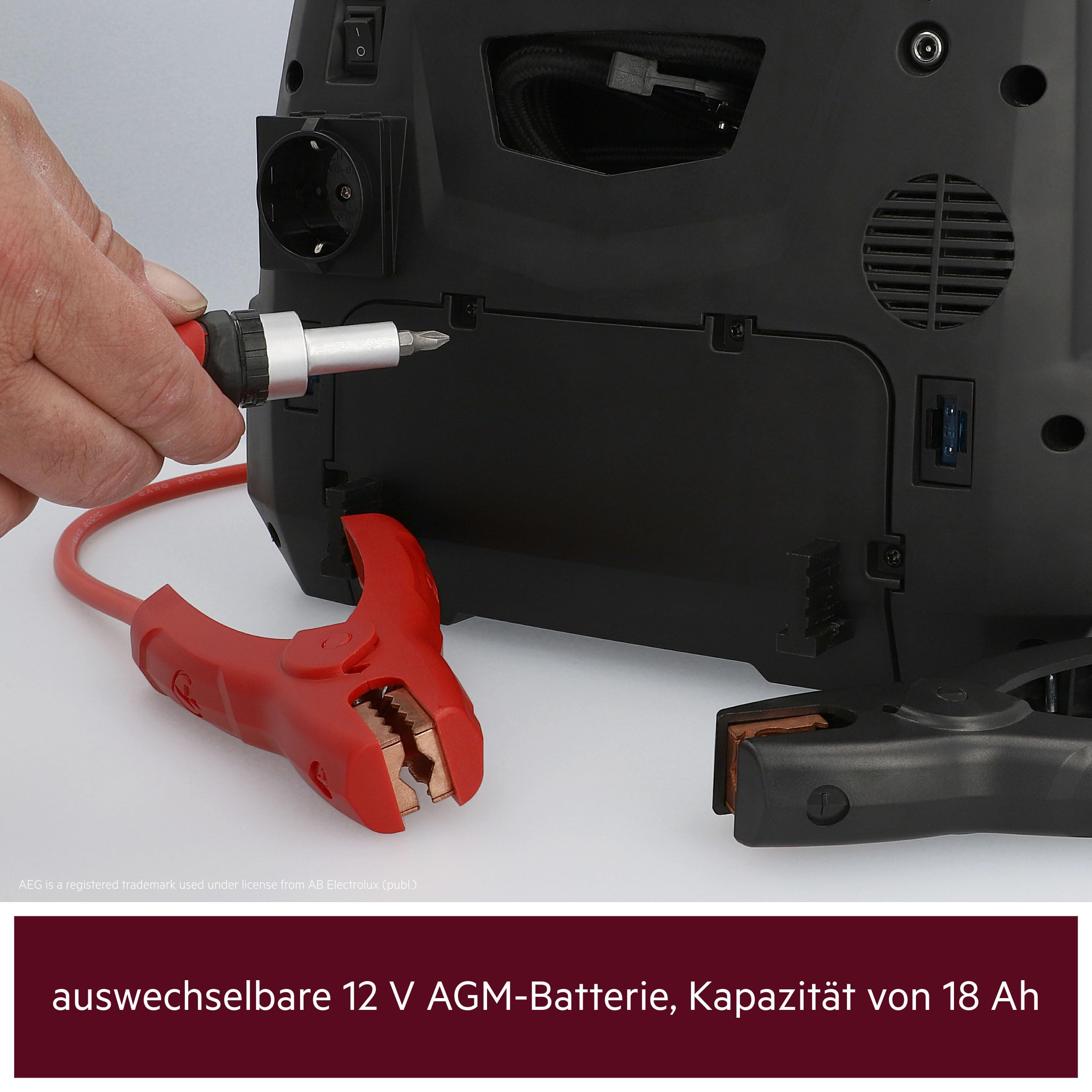 AEG Tragbare 12V Energiestation Auto Starthilfe, Powerstation mit Luftkompressor, 220V Spannungswandler, Steckdose,mit 4 USB, Kompatibel mit PKW, Schwarz/Rot