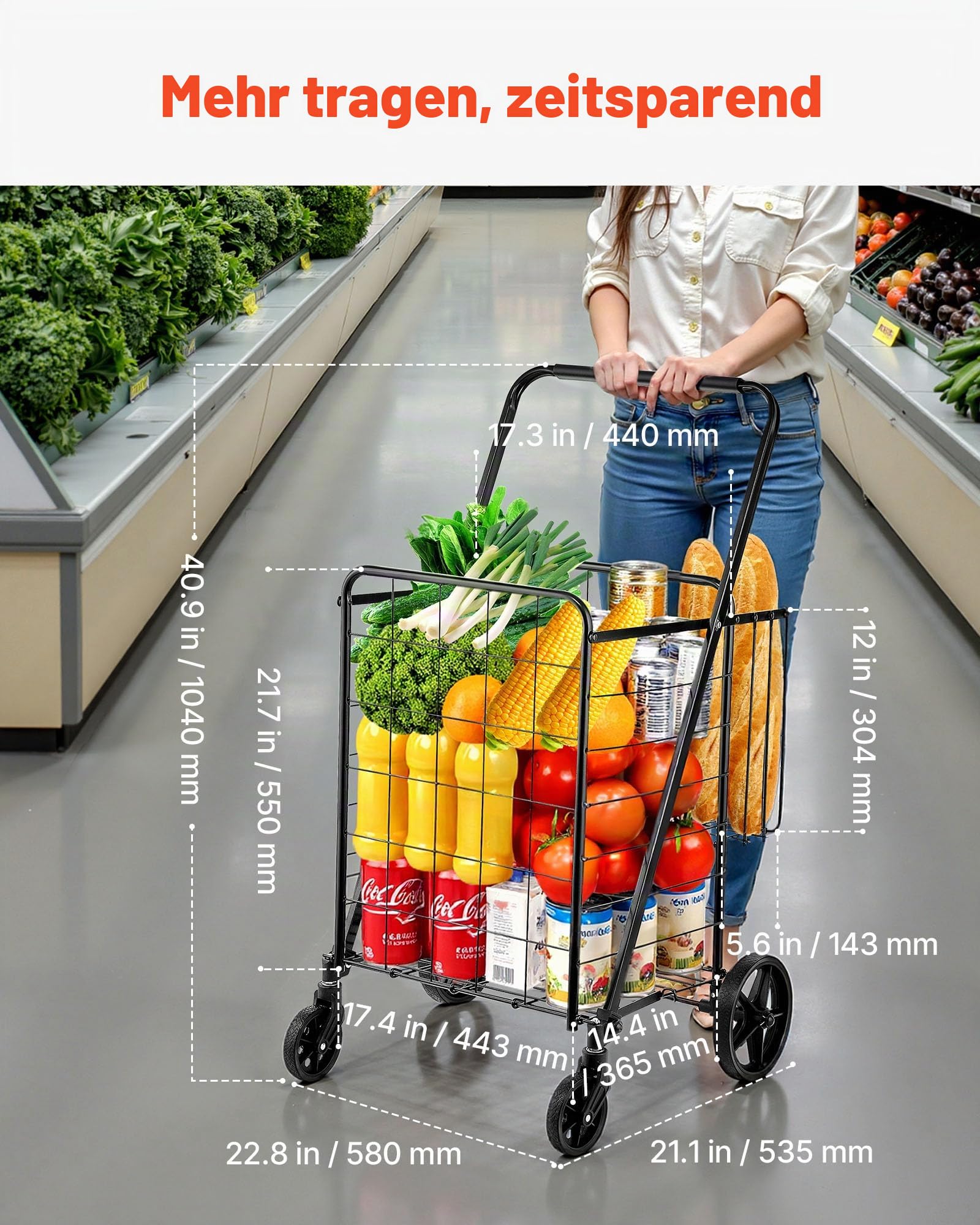 VEVOR Einkaufstrolley Einkaufswagen Klappbar 50 kg Belastbar, Einkaufsroller Handwagen Multifunktional, Shoppingtrolley Faltbar für Wäsche, Lebensmittel, Camping-Werkzeuge usw. | Jumbo-Einkaufswagen, Doppelkörbe, 360° drehbare Räder, 50 kg große Kapazität