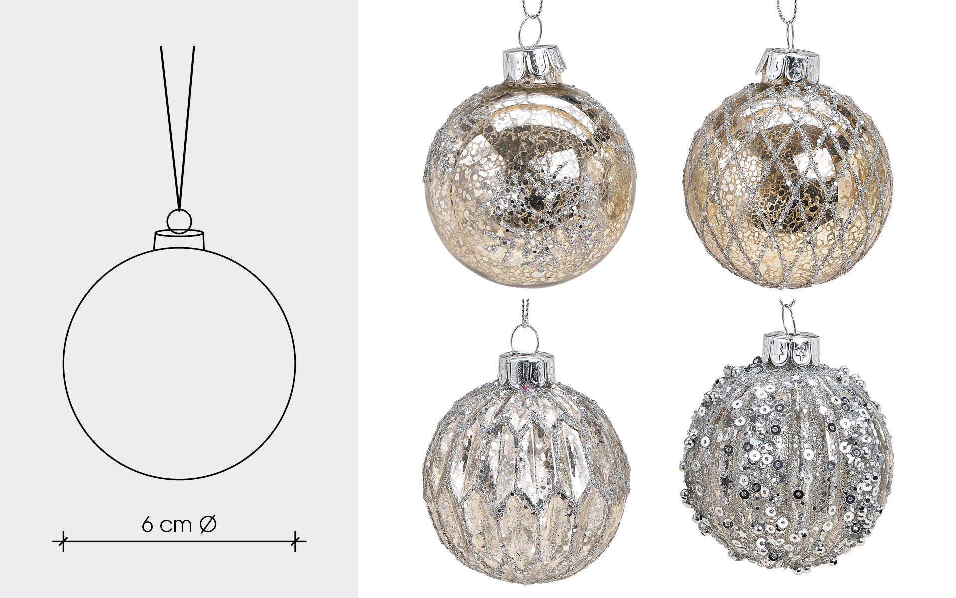 Boite De 4 Boules De Noel Verre Brillant/Mat Argent Antique Grand De Jolipa 10cm X 10cm X 10cm