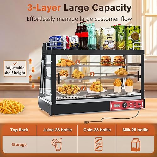 Miniatura 4 de Calentador de alimentos comercial de 3 niveles de 35 pulgadas con estante superior para jugo de leche, vitrina de almacenamiento de calor de