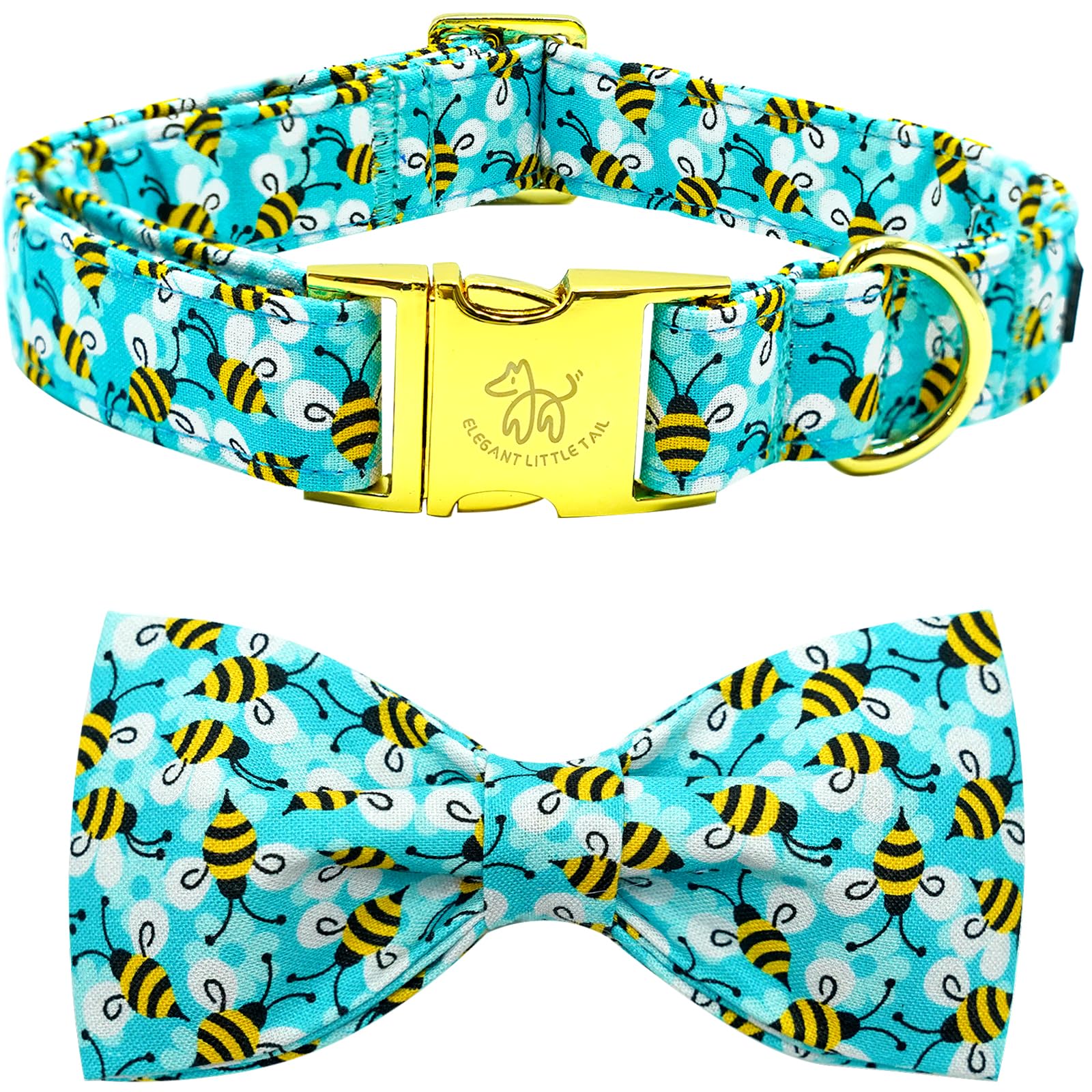 Elegant Little Tail Blue Bees Print Dog Collar with Bow Tie for Small to Large Dogs