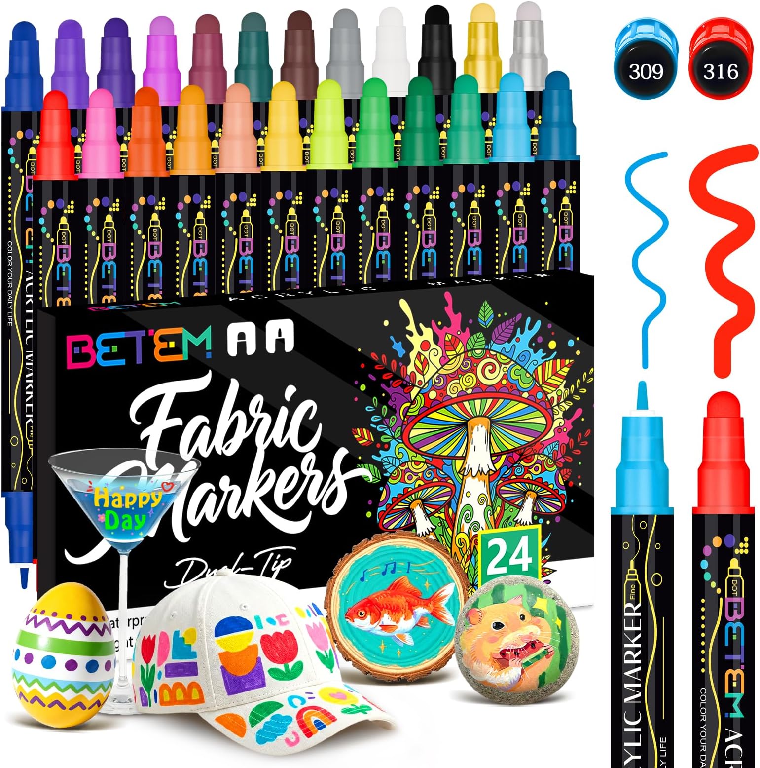 Betem 24 Colors Dual Tip Acrylic Paint Markers, Fabric Decorating Kits Premium Water-Based Acrylic Paint Pens Art Supplies for Fabric, Rock, Wood, Glass, Canvas, Ceramic, Teacher Appreciation Gift