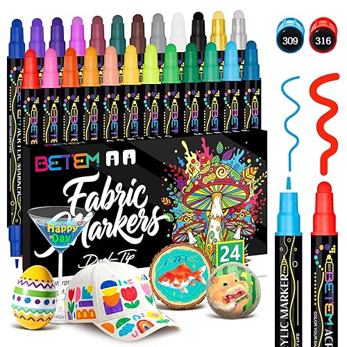 Betem 24 Colors Dual Tip Acrylic Paint Pens Markers, Fabric