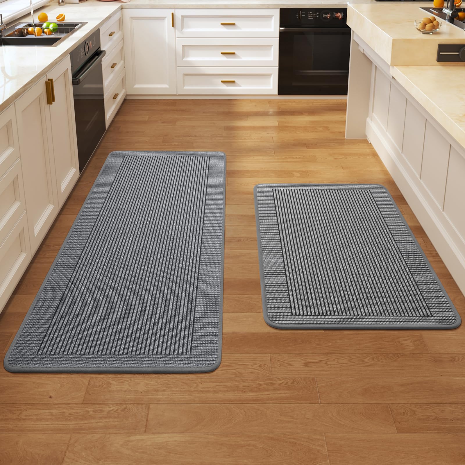 Quqei 2 Pieces Kitchen Rugs Set, Non Slip Washable, 43x75+43x120 CM Grey