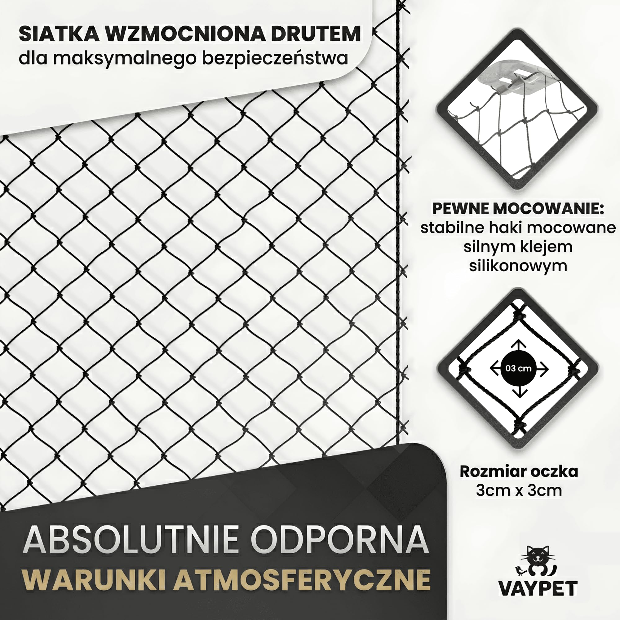 VAYPET® Siatka dla Kota na Balkon [4x3m] - bez Wiercenia, wzmocniona | W zestawie Haczyki + Klej Silikonowy | Siatka wzmocniona Drutem | Siatka Ochronna dla Kota na Balkon, Okno