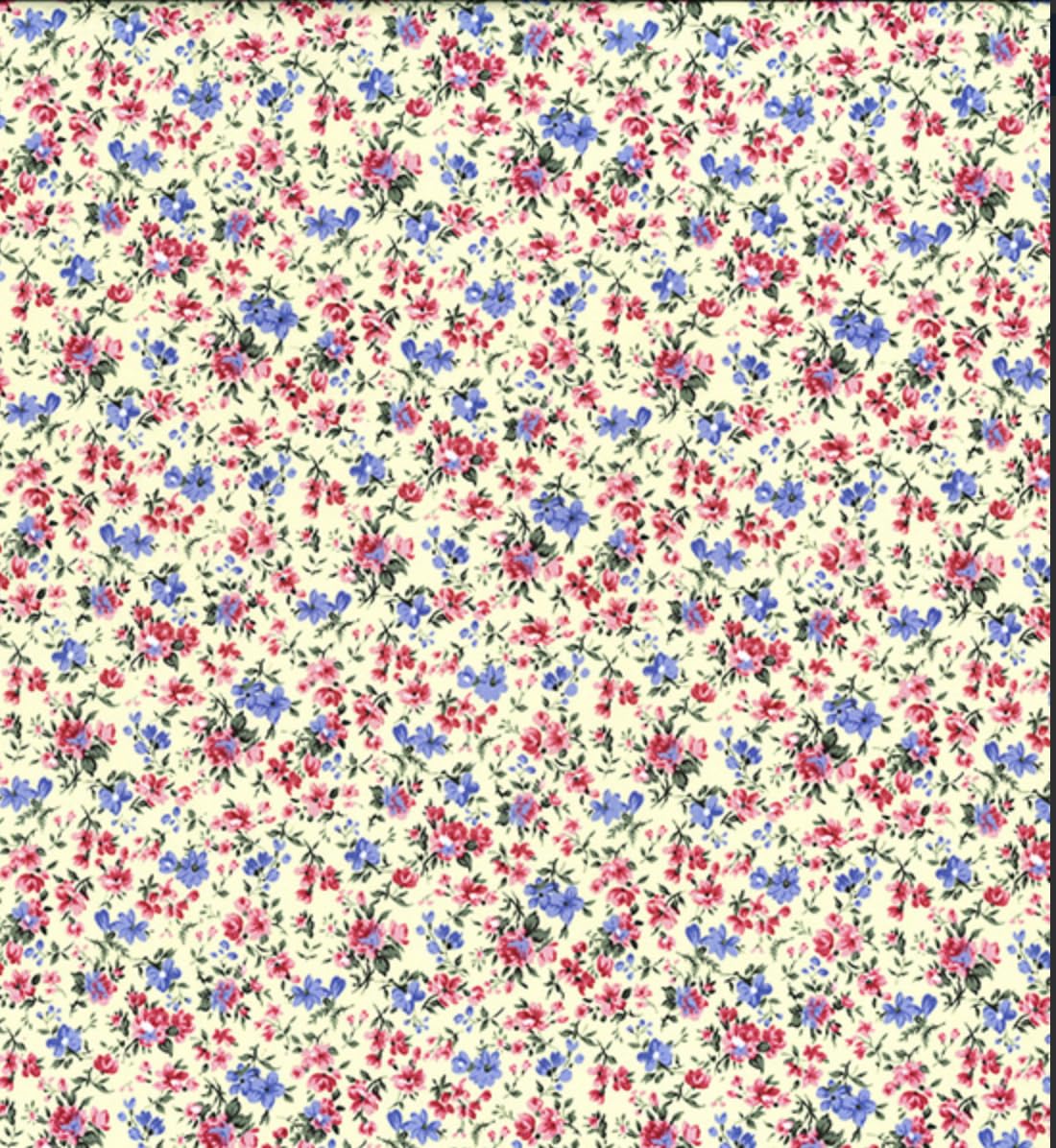Pyrhan Little Wild Flowers 100% Cotton Fabric By the Metre, Sewing Material 45-inch Wide Floral Print Cotton Material by the metre. Ideal to use with Any Lining Fabric, Making Fat Quarters(Pink-Blue)