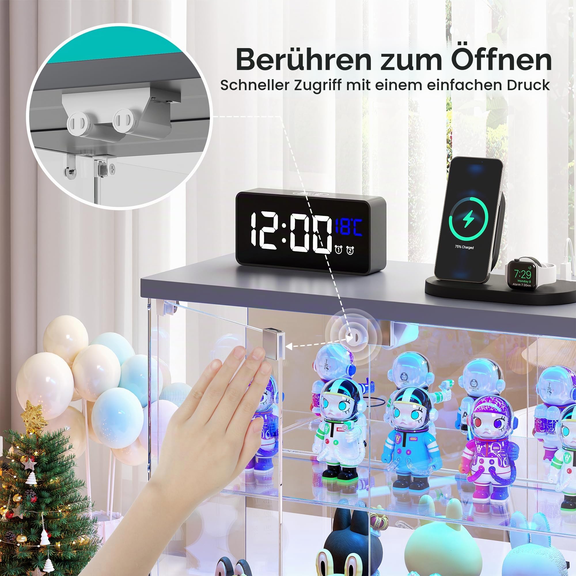 FREDEES Glasvitrine Stehend mit LED Beleuchtung - Kleine Zweistöckige Vitrinenschrank mit Ladestation, Vitrine mit Human-Sensor-Beleuchtung, für Figuren/Sammlerstücke/Spielzeug, Grau