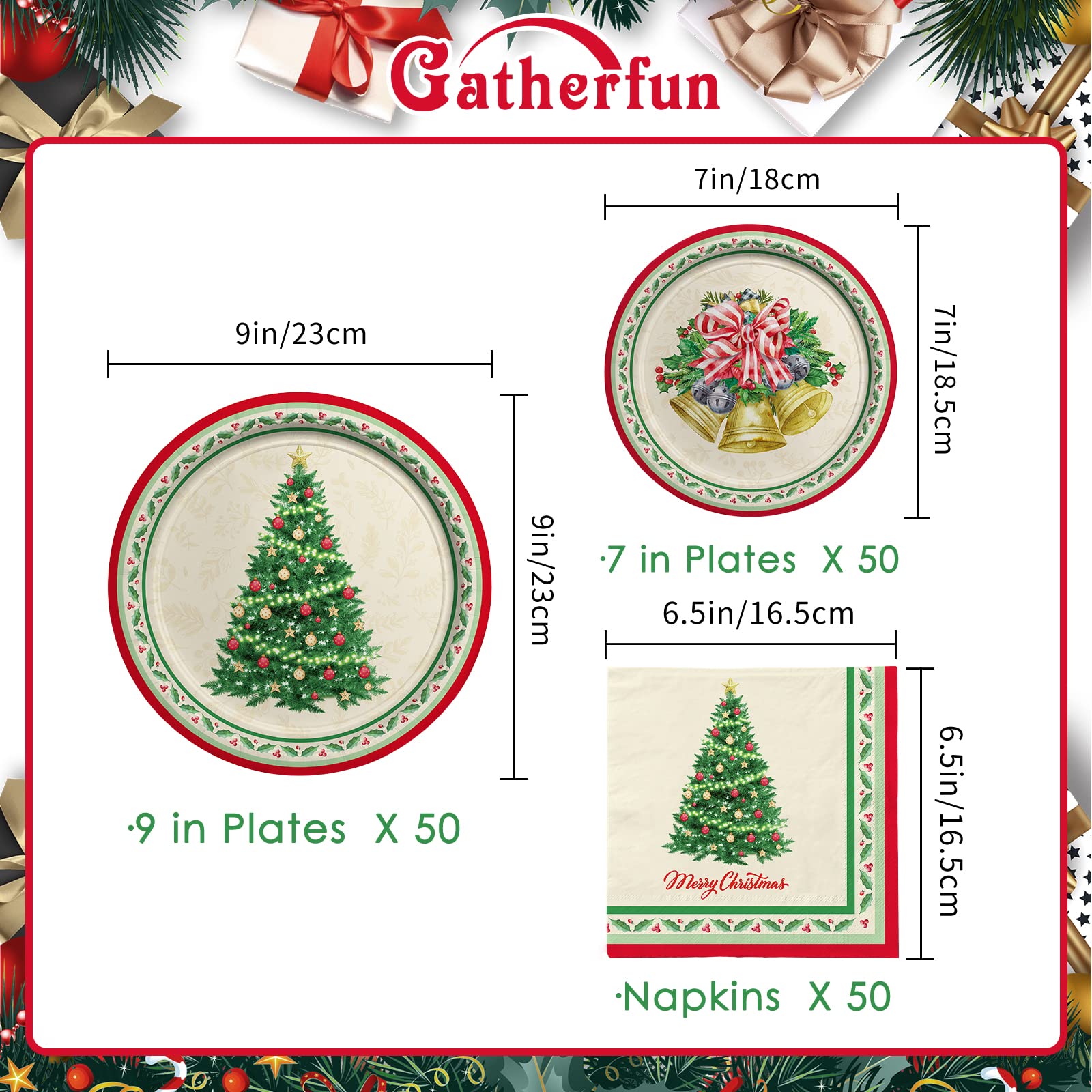 Kit de suministros de fiesta de Navidad, sirve 50 unidades, vajilla desechable de árbol de Navidad incluye: platos de papel para cena, platos de postre y servilletas, ideal para decoraciones de fiesta