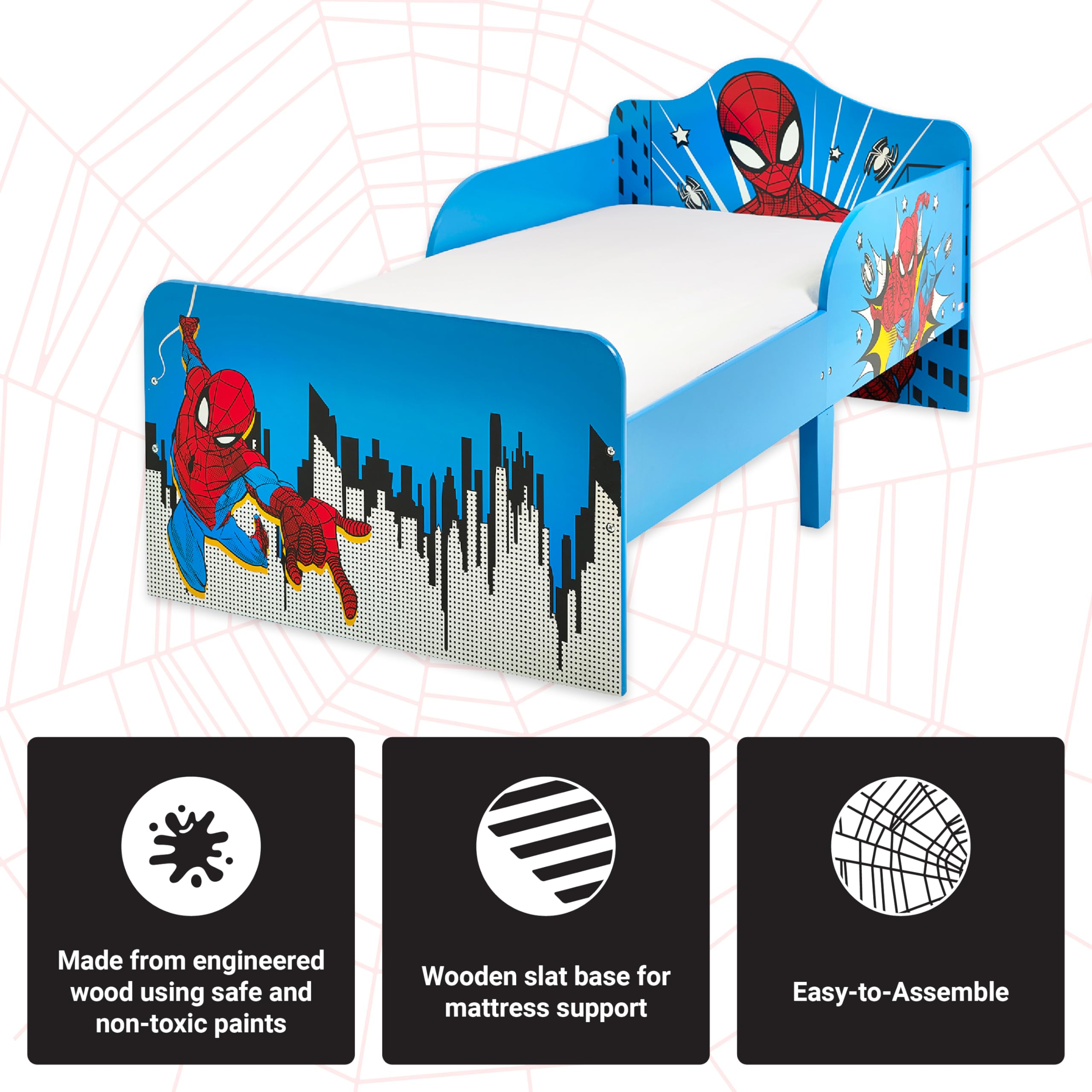 Marvel Spider-Man Lit pour enfants : construction robuste en bois d’ingénierie, côtés protégés, lattes en bois, convient aux matelas de 140 cm x 70 cm (matelas non inclus)