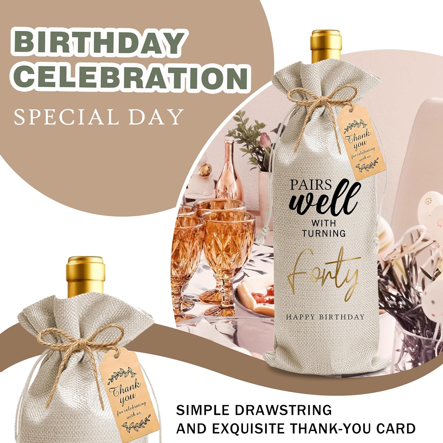 40th Birthday Wine Gifts Bag for Woman Men Happy Birthday Wine Bottle Gift Bags with Drawstring Thank You Card Happy Anniversary 40th Party Supplies Decorations for Coworker Friends Family - A21 image 4