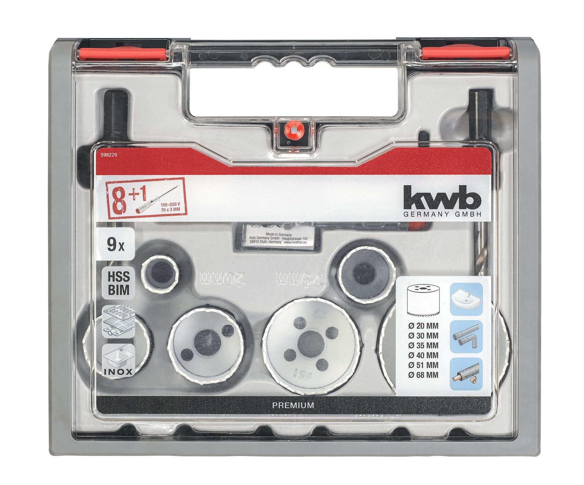 kwb 598220.0 Set di seghe a tazza professionali bimetalliche n. 1 per idraulici - 9 pezzi, HSS-CO, dentatura Vario, 8% cobalto, incl. tester di tensione