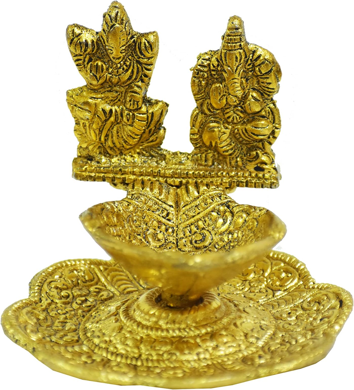 Metal Lakshmi Ganesh Diya Diwali Pooja Spiritual Sculpture Indian Décor Antique Lakshmi Ganpati Statue for Home, Entrance, Temple Decoration and Gifting (Size-3")