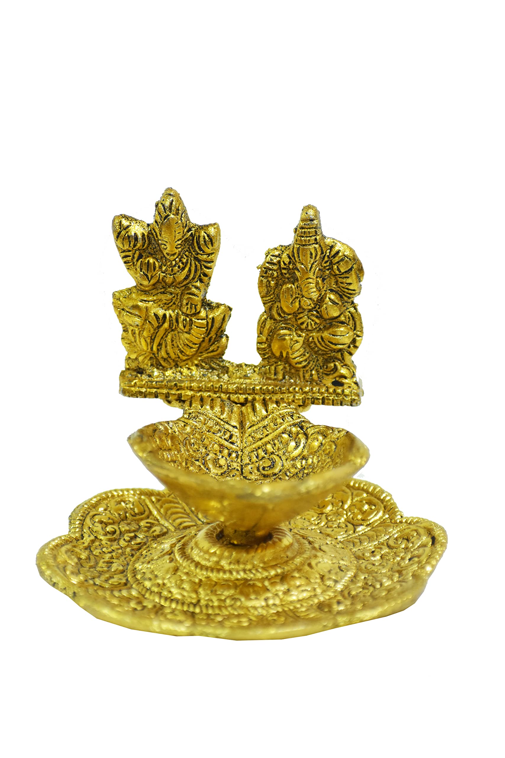 Metal Lakshmi Ganesh Diya Diwali Pooja Spiritual Sculpture Indian Décor Antique Lakshmi Ganpati Statue for Home, Entrance, Temple Decoration and Gifting (Size-3")