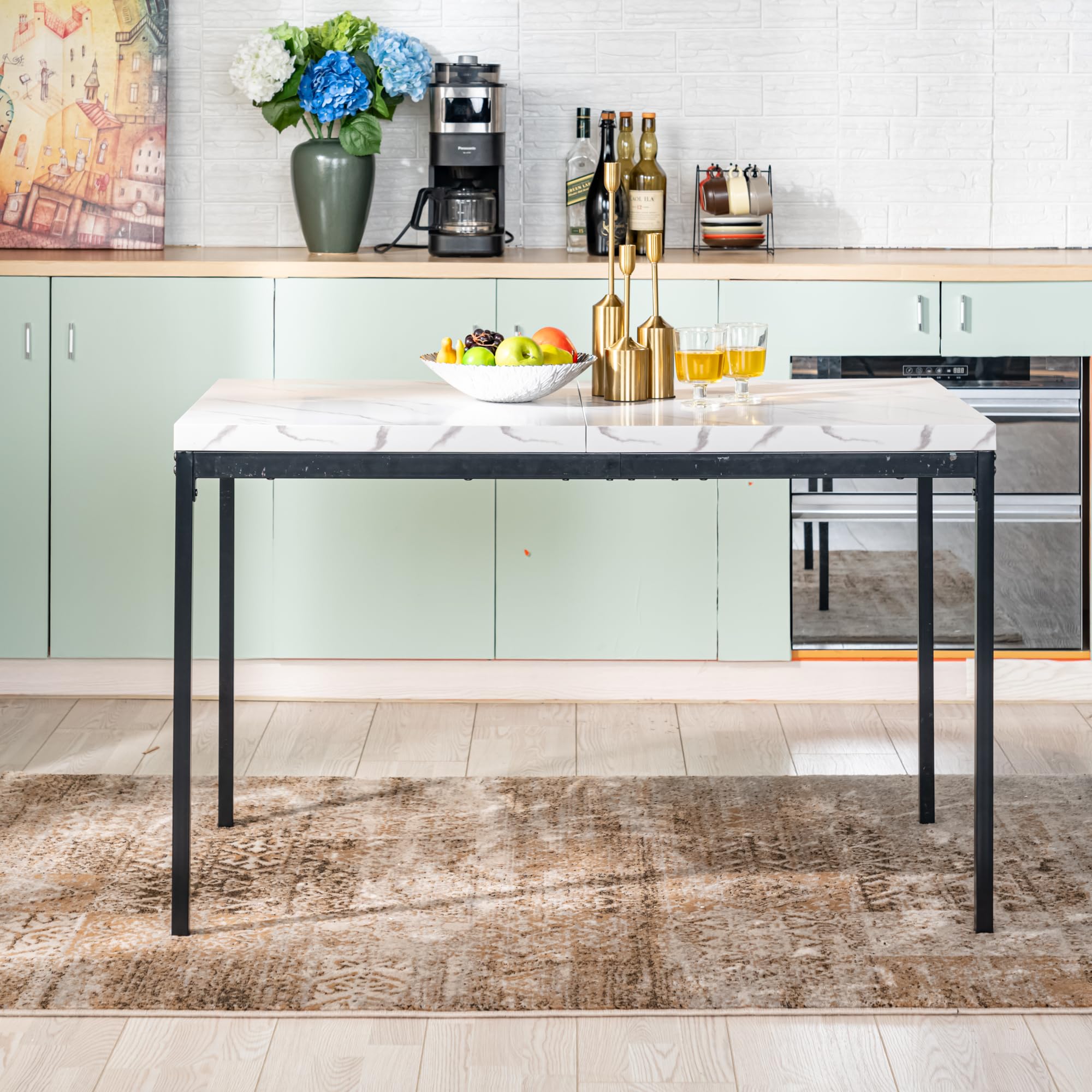 FurnitureR Tables de Bar de Jardin en Imitation Marbre Blanc, pour 4 à 6 Personnes, Plateau en Bois Epais avec Structure Métallique, pour Terrasse, Patio, Salle à Manger, Garden, 120 x 70 x 75cm