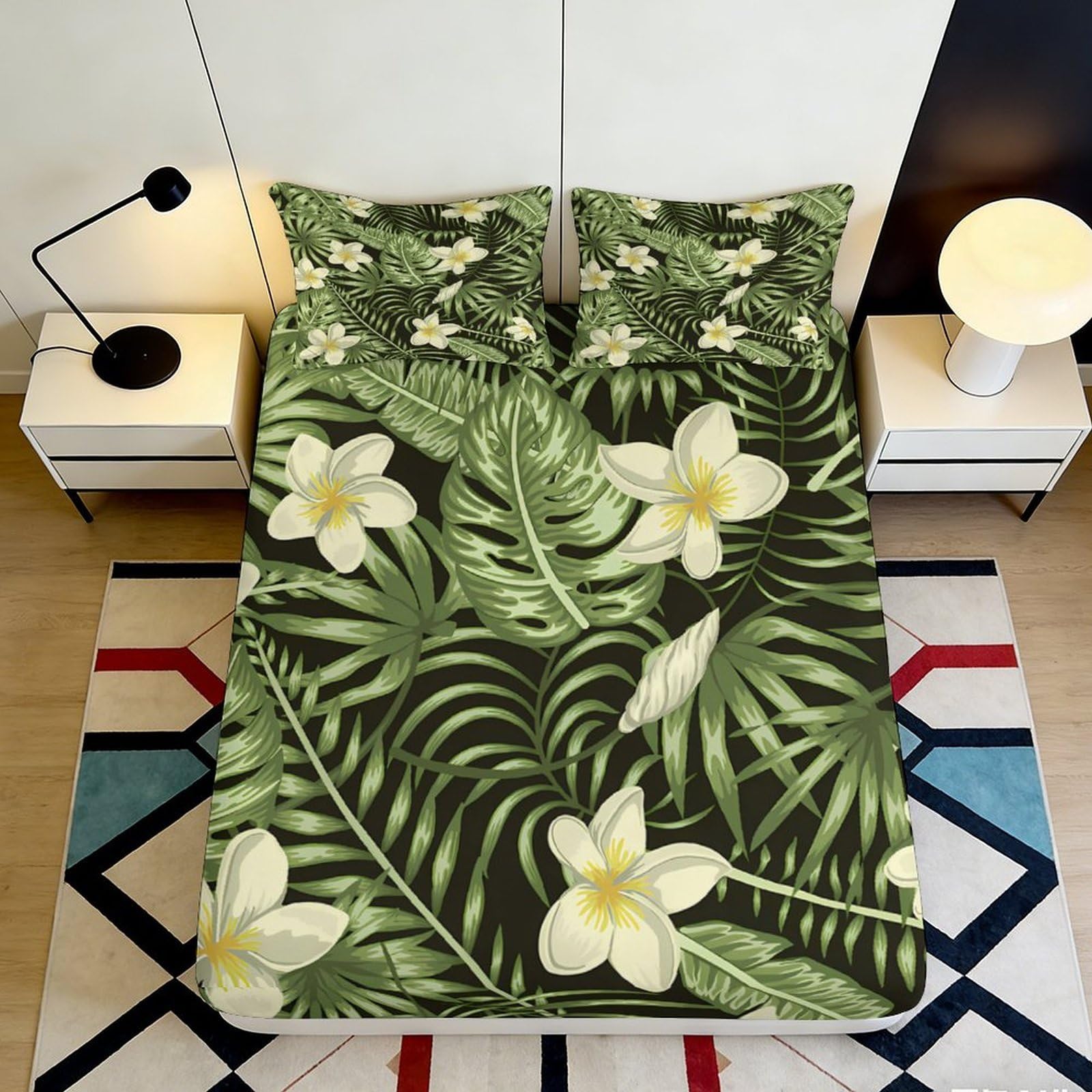 3D Printed Tropical Leaf Fitted Sheet Microfiber Soft Plumeria Mattress Cover Anti-Slip Machine Washable Bedroom Decor 90x200x25cm
