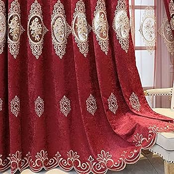 カーテン　ドレープカーテン　刺繍　レッド明るいカーテン遮光カーテンレースカーテン Amazon｜レースカーテン 透けない UVカット 姫系 刺繍レース