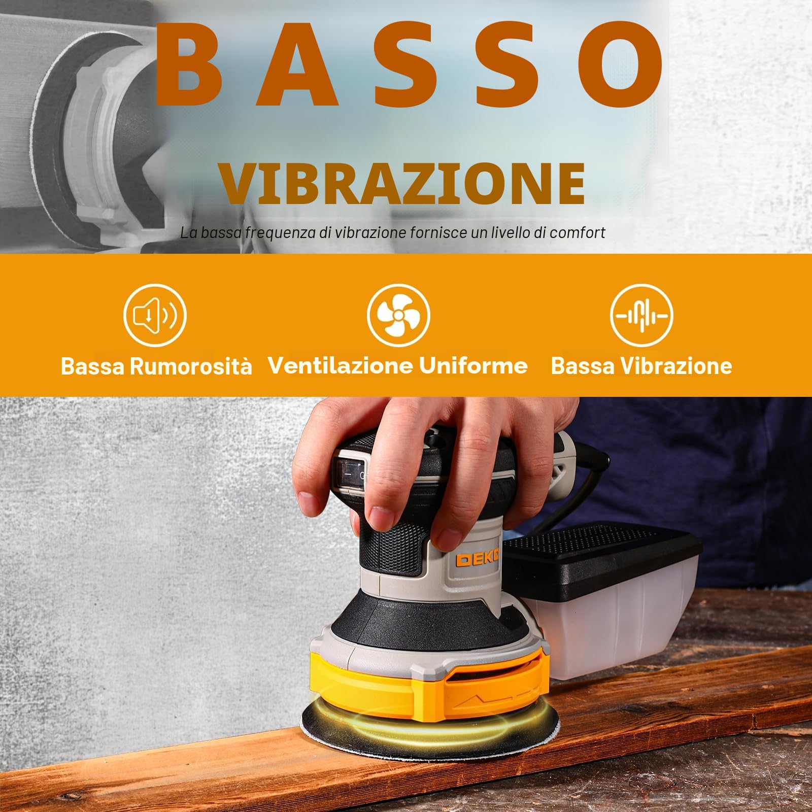 DEKOPRO Levigatrice Orbitale 300W - 6 velocità variabile 14000RPM Levigatrice Rotorbitale, 125mm strumento di levigatura manuale, sistema di raccolta della polvere ad alte prestazioni