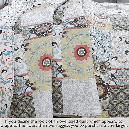 Miniatura 7 de Cozy Line Home Fashions Moorea - Juego de ropa de cama reversible de microfibra con retazos, gris, amarillo, coral, azul aguamarina, colcha (flor de