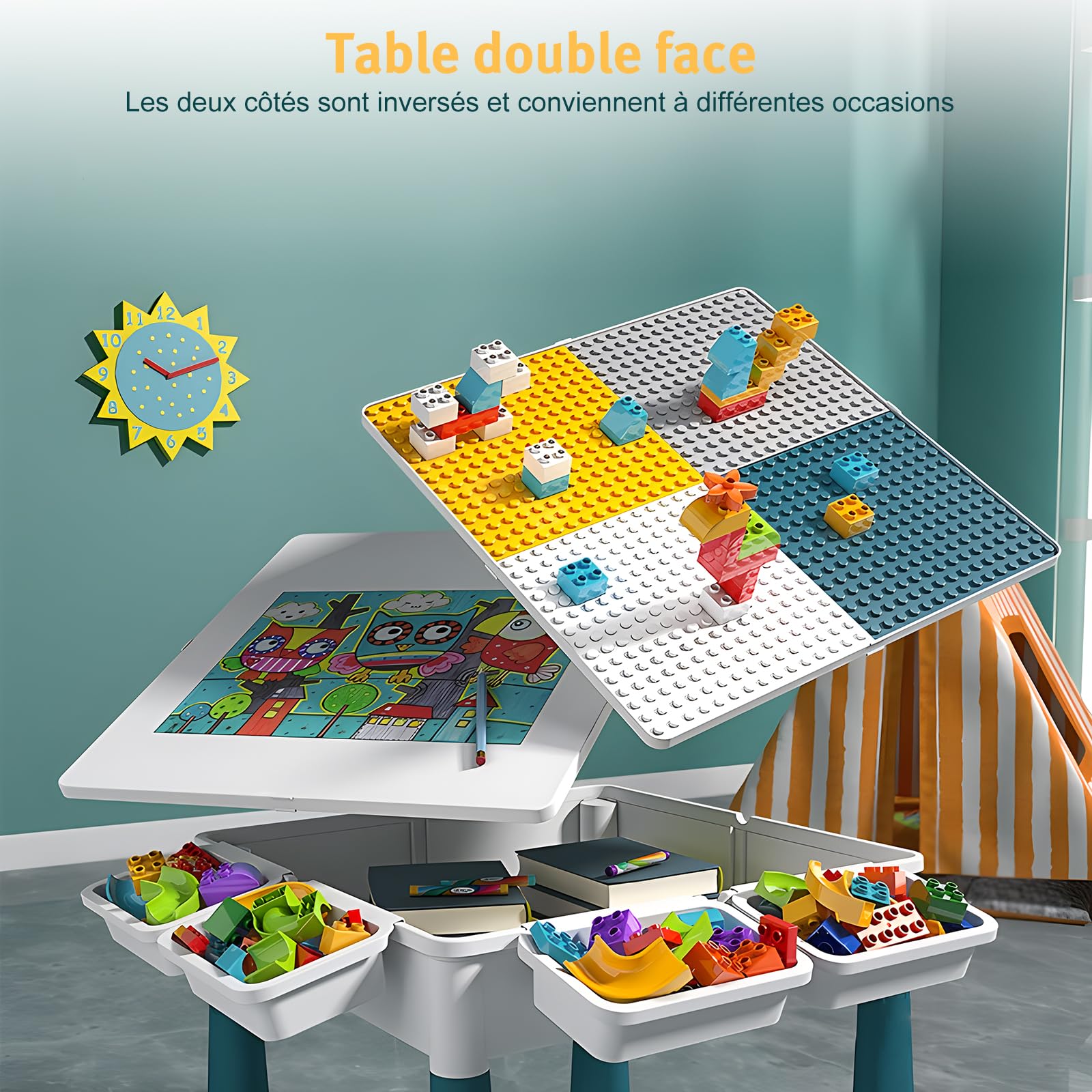 Table de Construction Multifonctionnel pour Enfant avec Chaise pour Bébé, Hauteur Réglable, Plateau Double Face, Table de Jeu et d'Études (avec 300 Blocs de Construction)