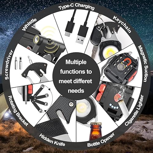 Miniatura 4 de COB - Llavero de luz de trabajo  Multiherramienta recargable para campamento, iniciador de fuego, 7 modos, 1600 lúmenes, para supervivencia de