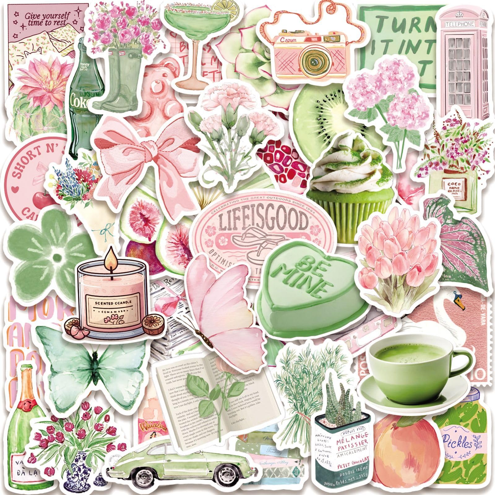 Pink Green Summer Stickers 50 Pcs Waterproof Aesthetic Lotus Leaf Sticker for Water Bottle Laptop Scrapbook Skateboard Car Bike Guitar,Vinyl Funny Cute Animal and Plant Decals for Teens Adults
