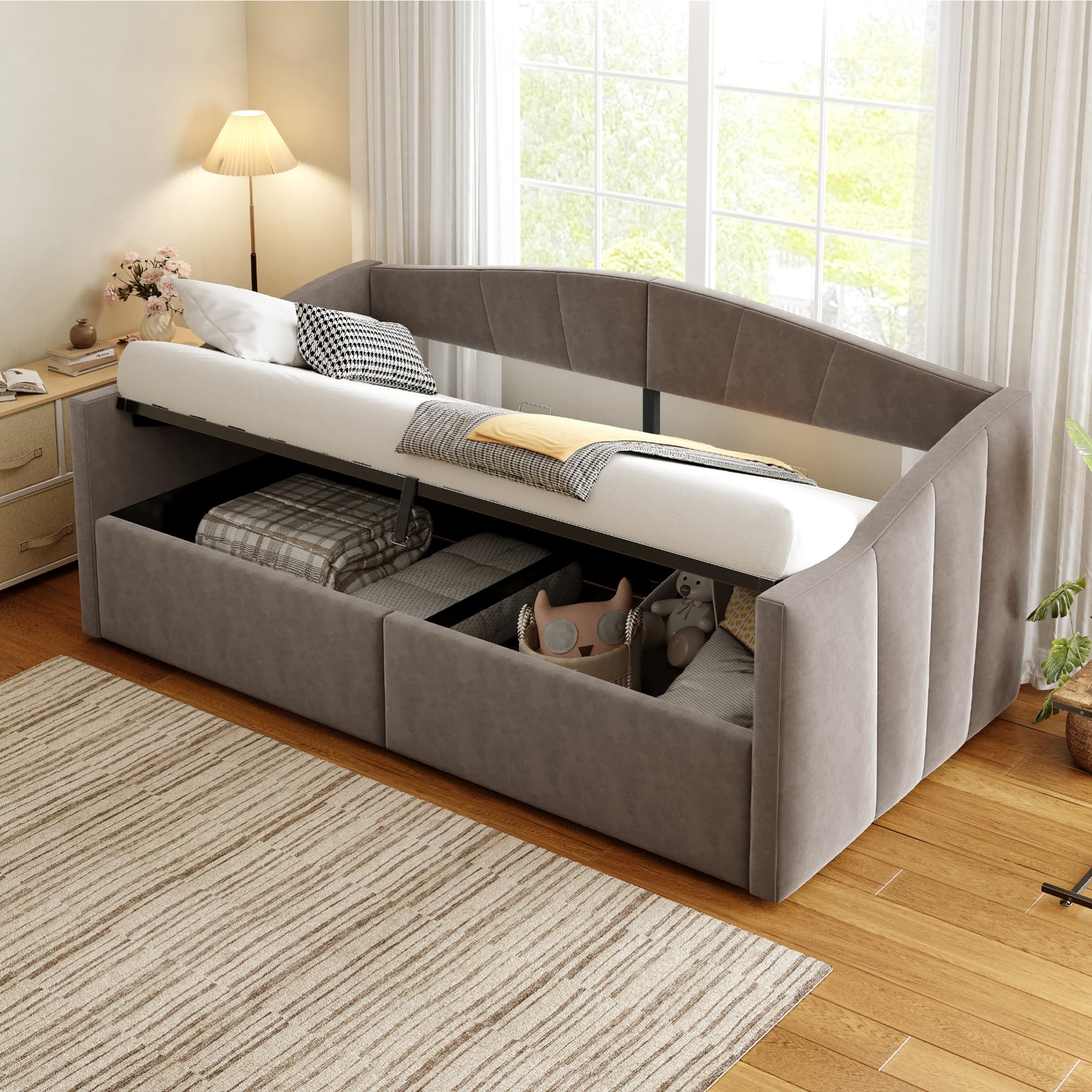 Schlafsofa Tagesbett 90x200 cm mit Hydraulischer Stauraum, Schlafcouch Bettgestell mit Lattenrost und Armlehnen, Sofabett mit Klassisch Gestreift, Samt, Grau, Ohne Matratze