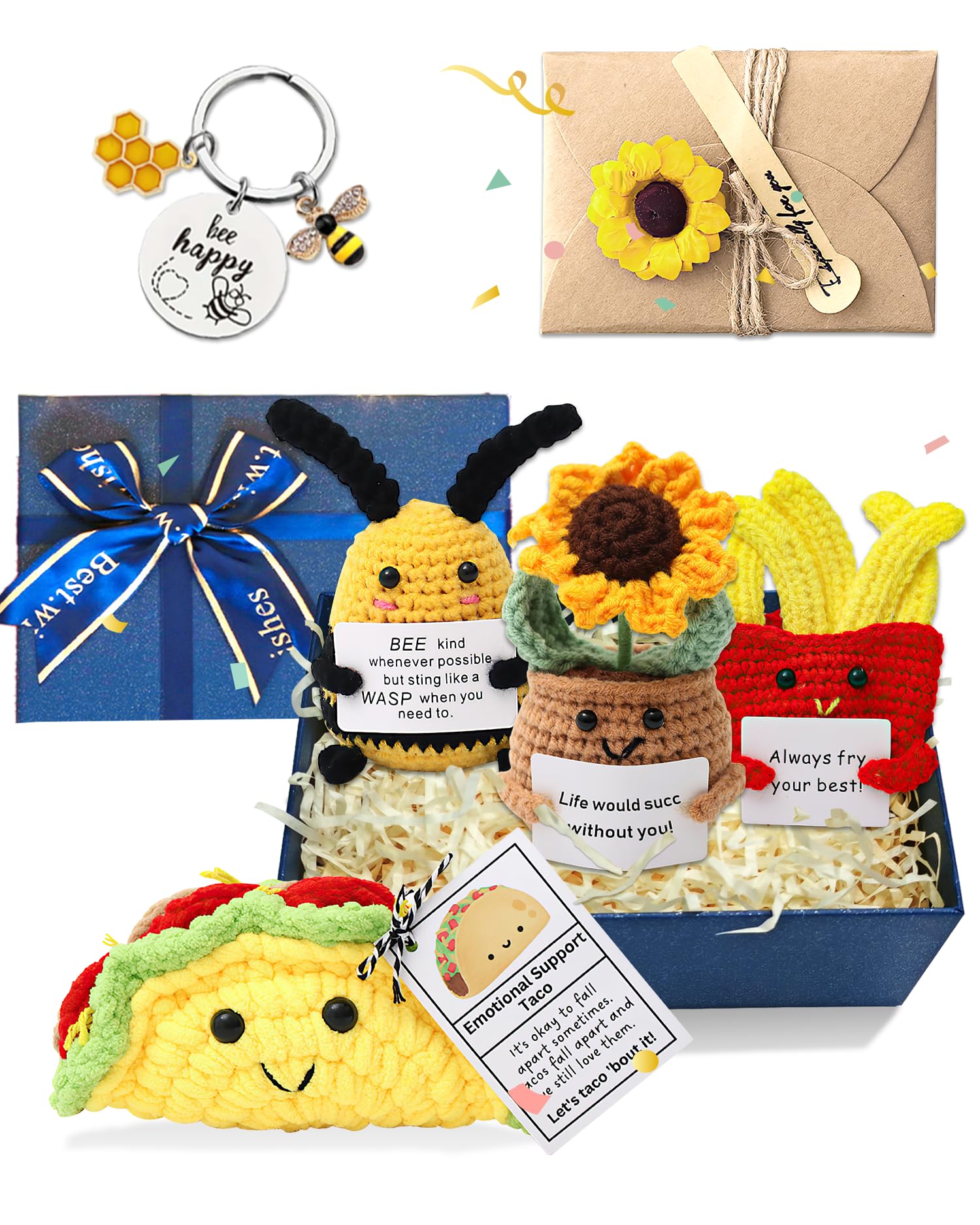 SEGXCFL Handmade Crochet Positive Emotion Dolls Set - 4 Plush Animals With Greeting Card, Keychain & Gift Box (Sunflower, Bee, Avocado, Succulent)
