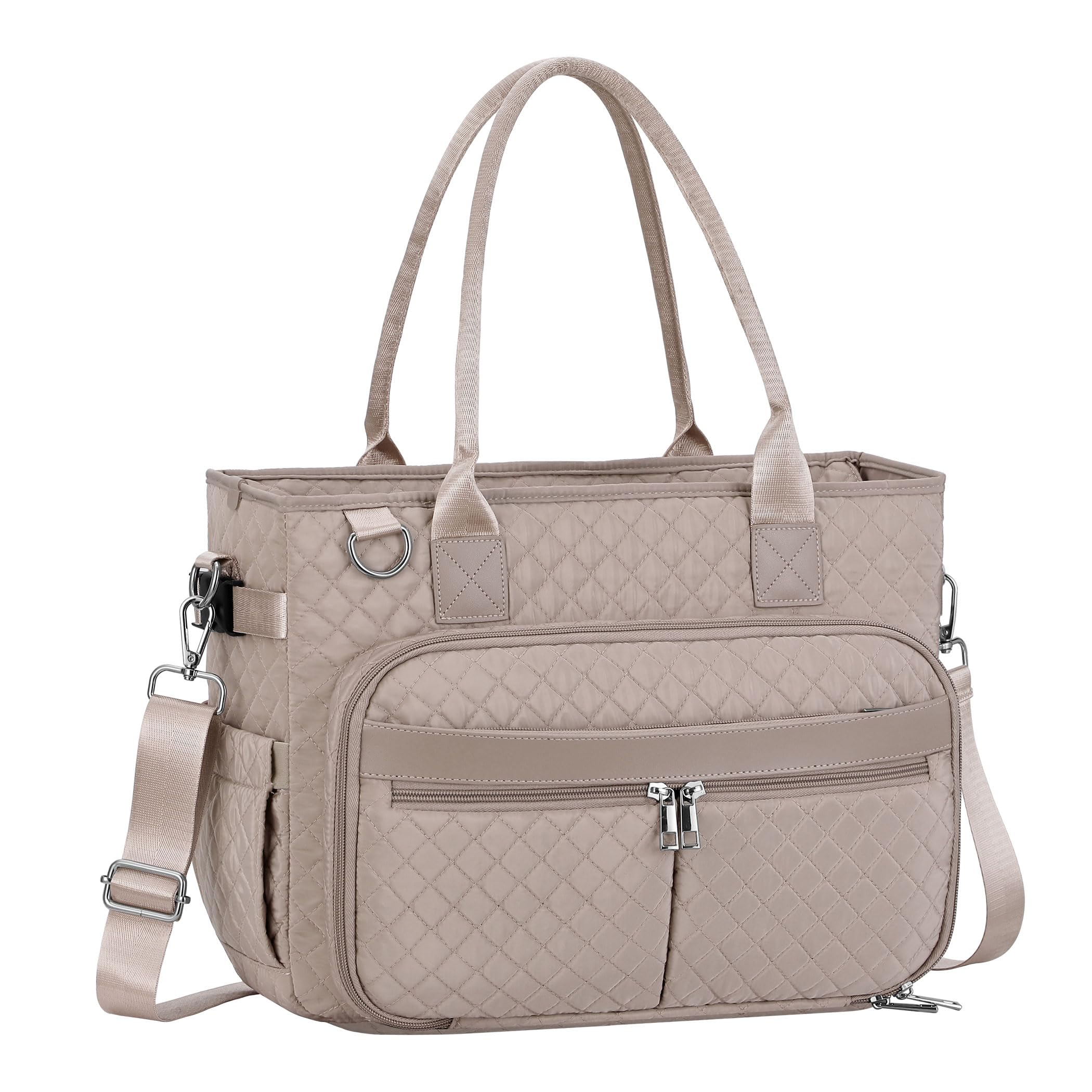 FIORETTO Teacher Tote Bag for Women with Laptop Compartment, Large Cup Holder, Zip Closure, Ideal for Work, Bible, Nurse 17.3 inch Khaki