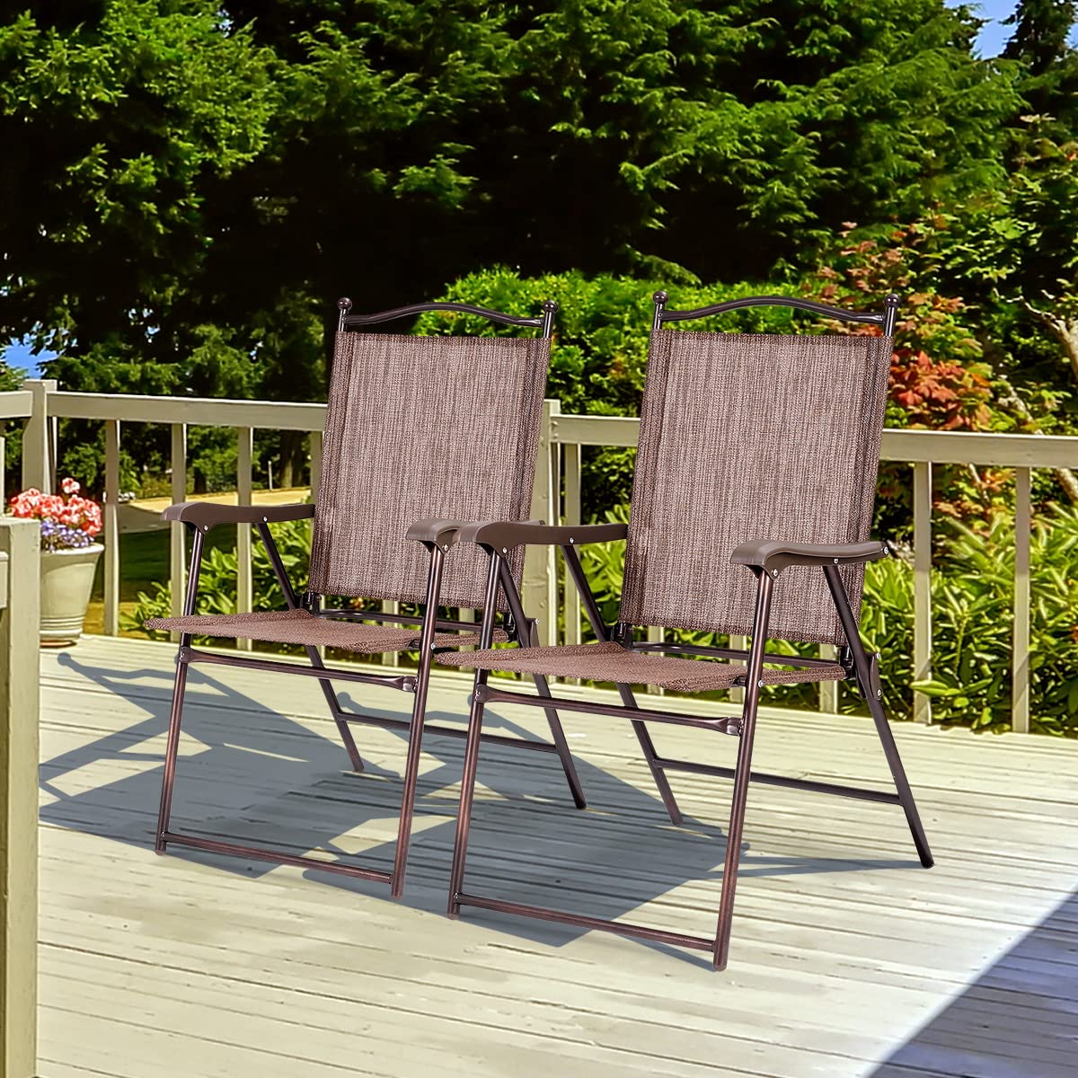 COSTWAY 2er Set Gartenstühle klappbar, Hochlehner wetterfest Gartenstuhl Klappstuhl bis 120 kg, Terrassenstühle mit Armlehnen für Garten, Terrasse, Pool, Braun