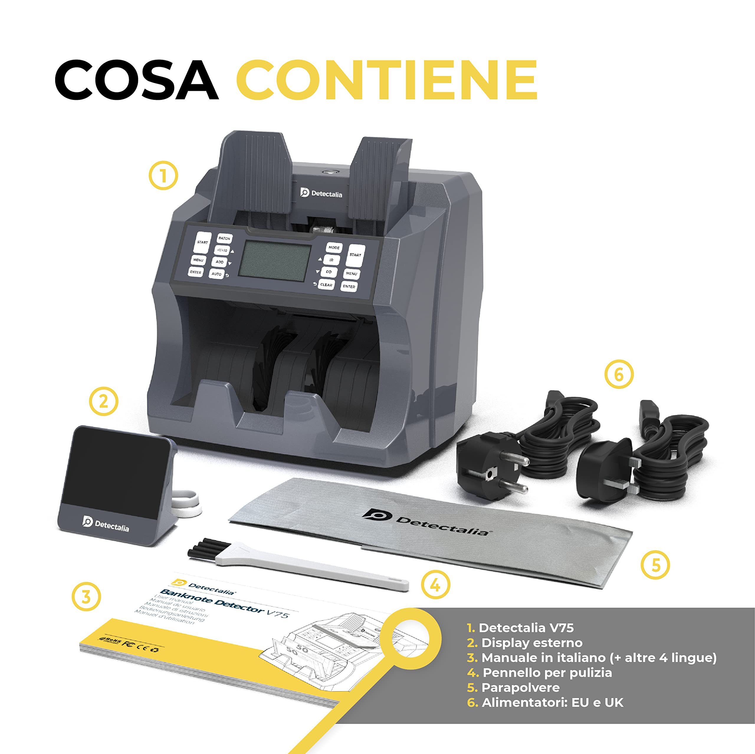 Detectalia V75, Conta banconote Non-Miste e Rilevatore di Banconote False, Testata per Tutte le Valute, con 4 Controlli Schermo a 2 Colori + Schermo Esterno, Capacità di 300 Banconote