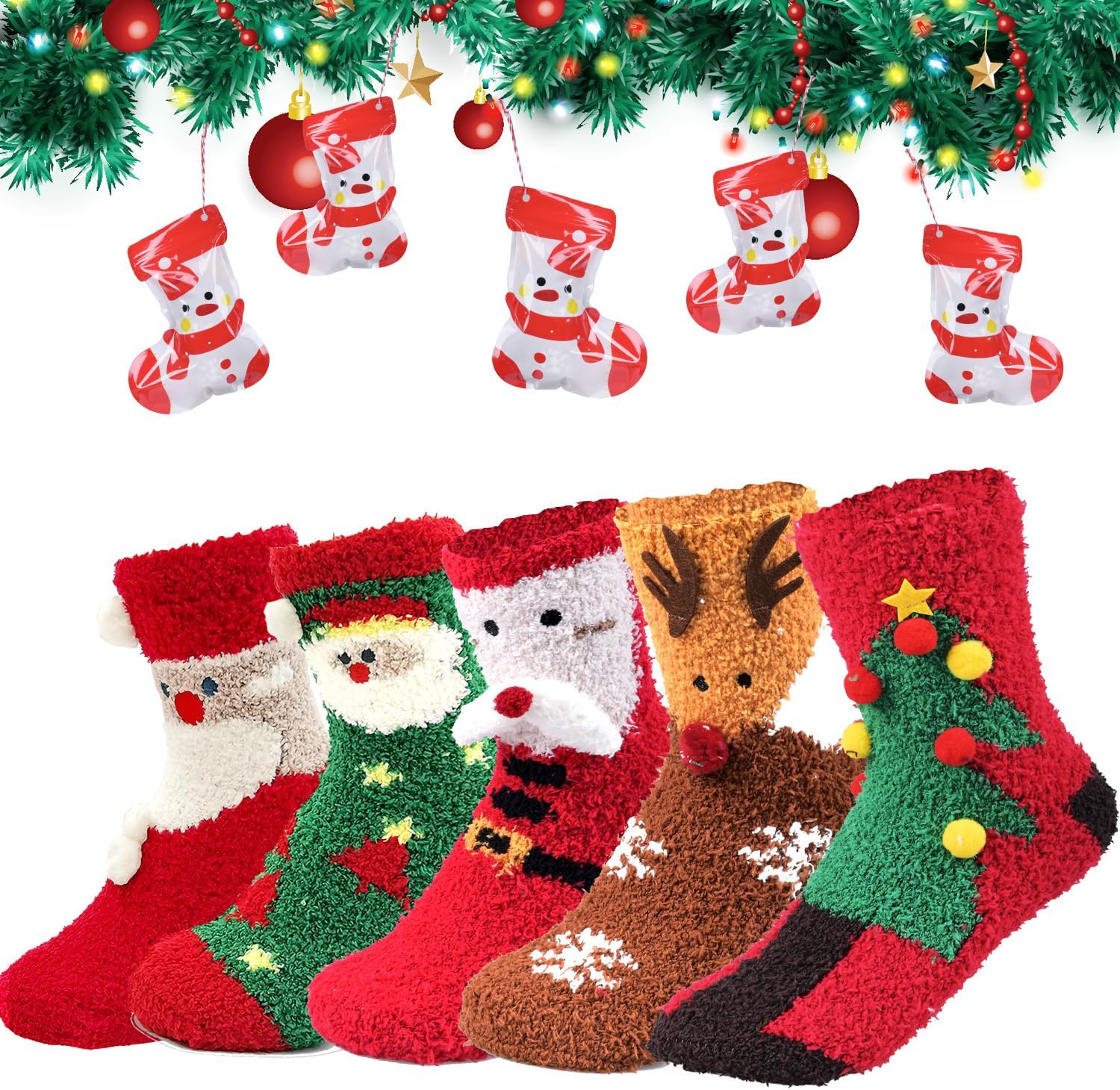 Amazon.com: MOVINPE Women Christmas Fuzzy Socks 5 Pairs with Self ...